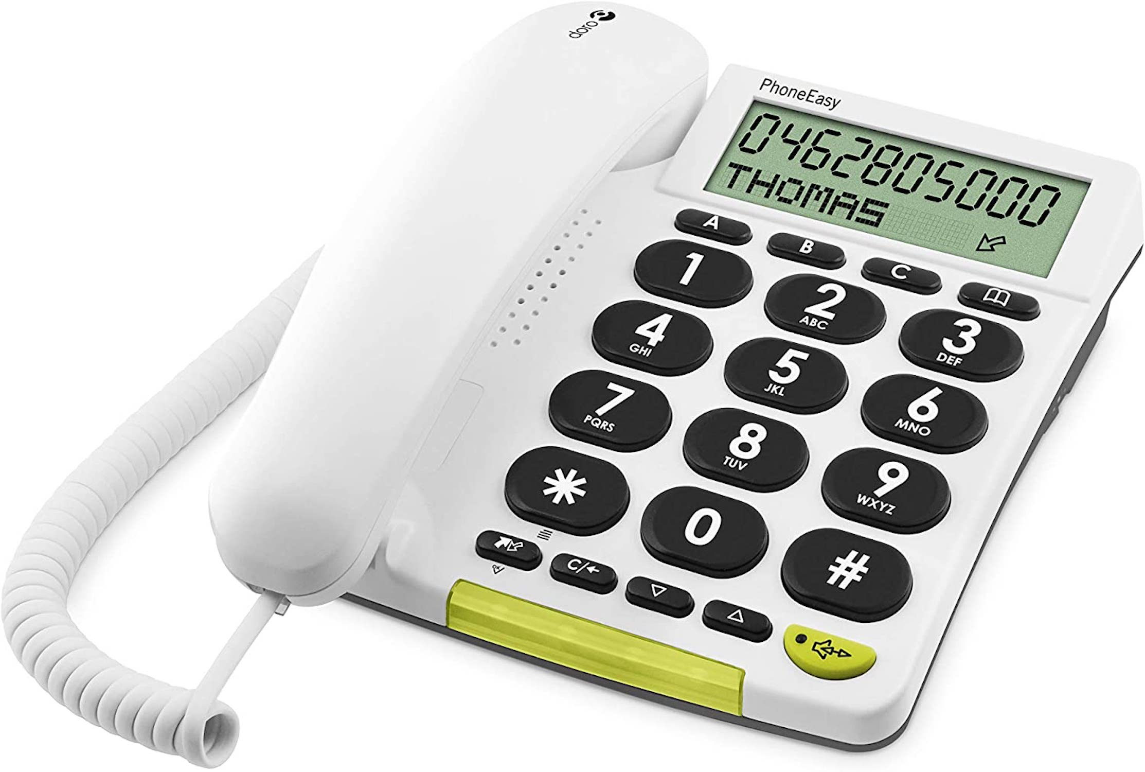 Weißes Telefon mit großen Tasten und Display. Das Display zeigt '0462805000 Thomas'.