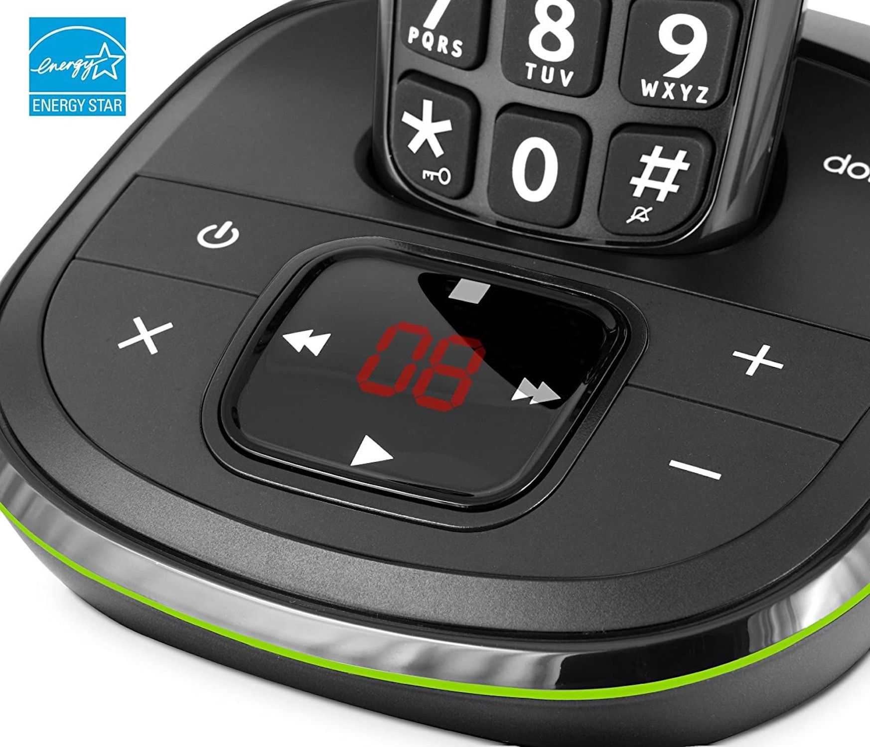 Base per telefono cordless nera e verde. Numeri e display grandi.