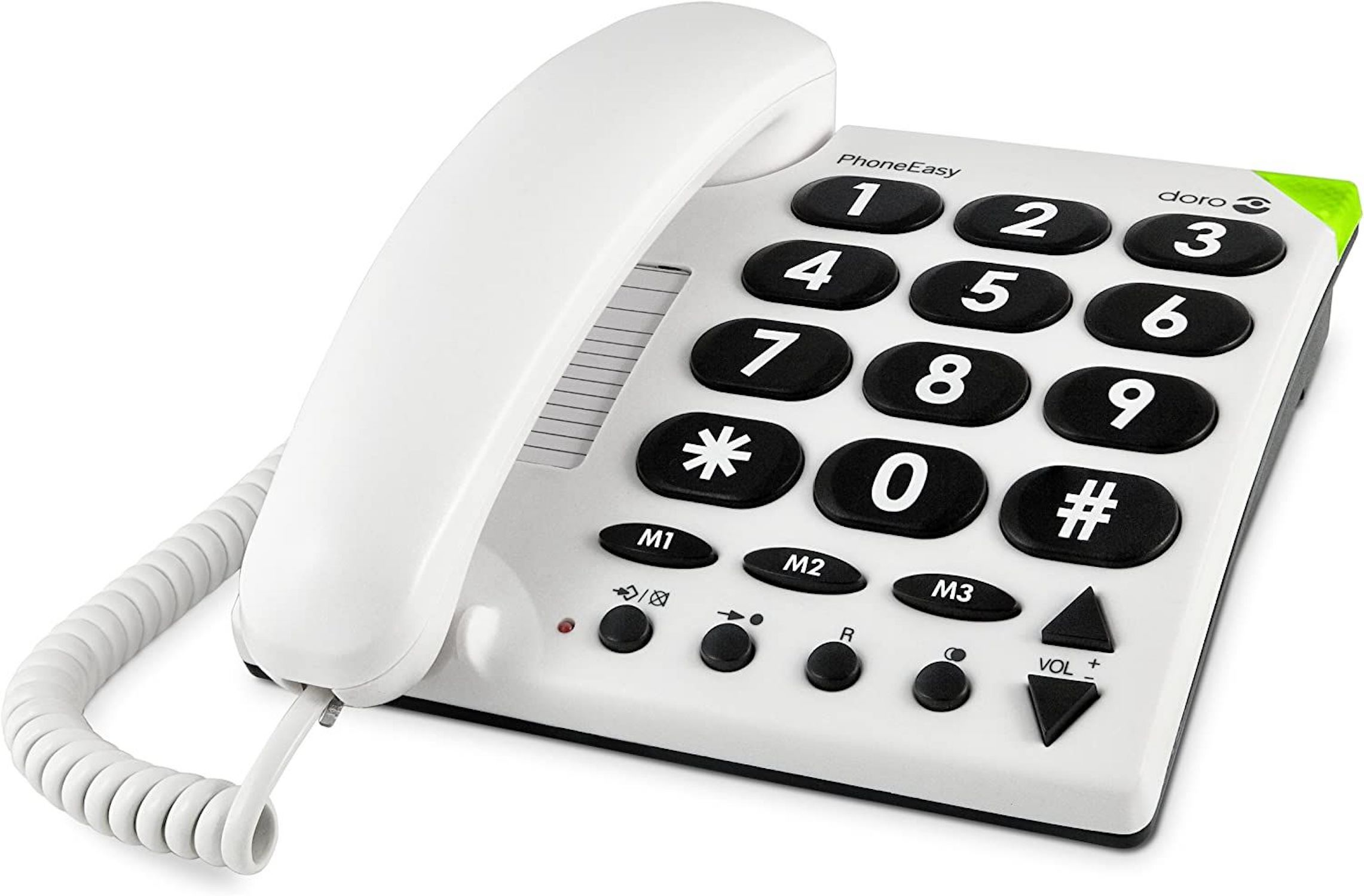 Ein weißes Telefon mit großen schwarzen Tasten. Das Telefon hat einen Hörer und ein Spiralkabel.