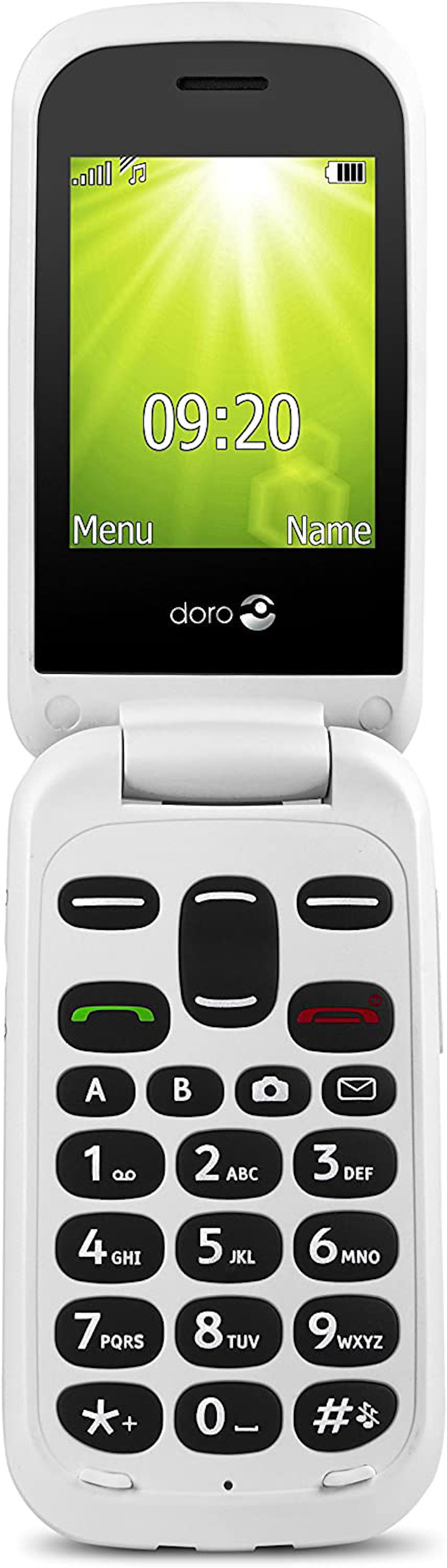 Ein weißes Klapphandy mit grünem Bildschirm, der die Uhrzeit anzeigt. Das Telefon hat große Tasten.