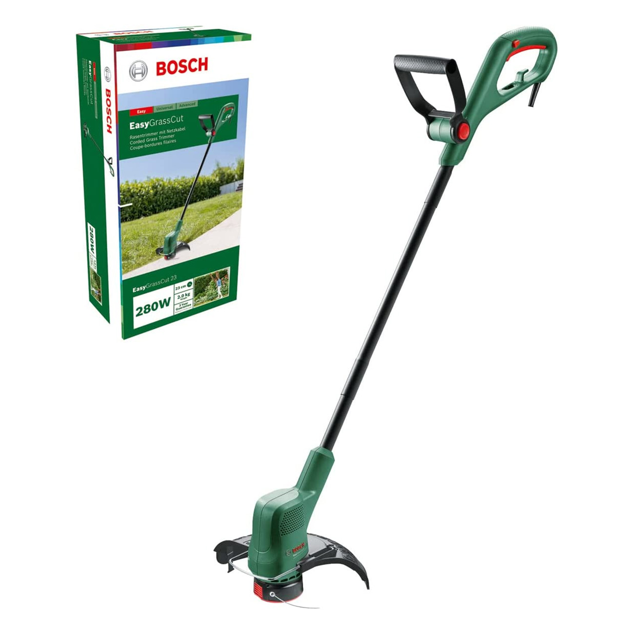 Tondeuse Bosch EasyGrassCut verte et noire avec sa boîte. La tondeuse est au premier plan, inclinée vers la droite.