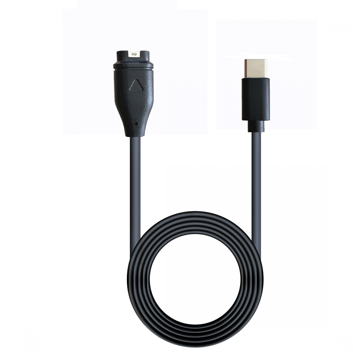 Zwarte oplaadkabel met een USB-C-connector en een eigen connector.