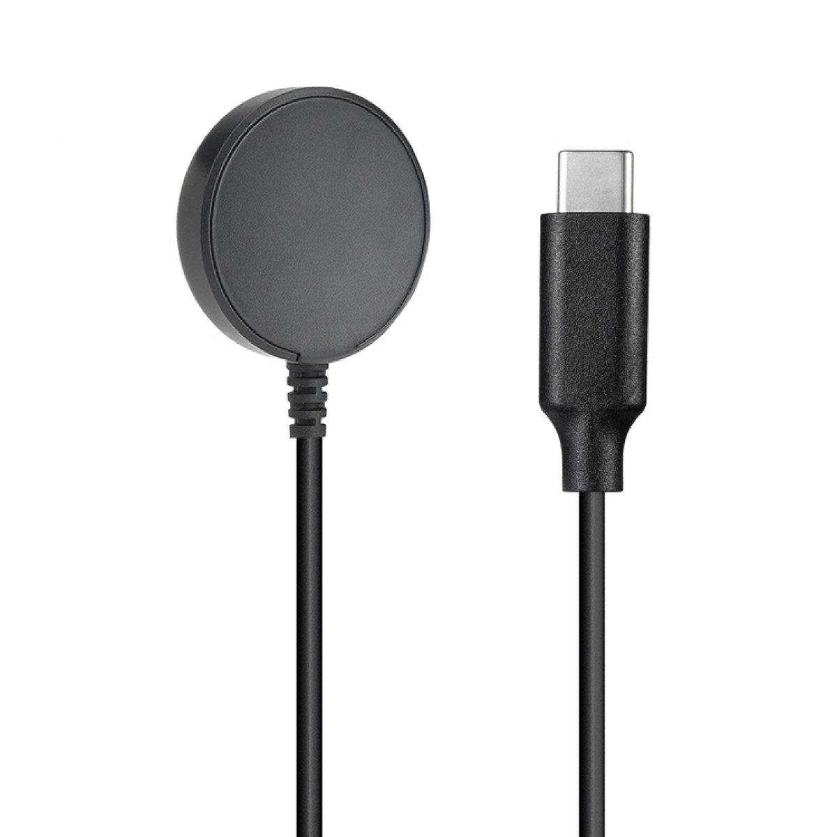 Schwarzes kreisförmiges Ladegerät mit Kabel und USB-C-Anschluss.