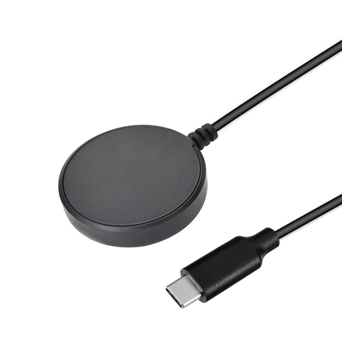 Schwarzes, kreisförmiges kabelloses Ladegerät mit angeschlossenem USB-C-Kabel.
