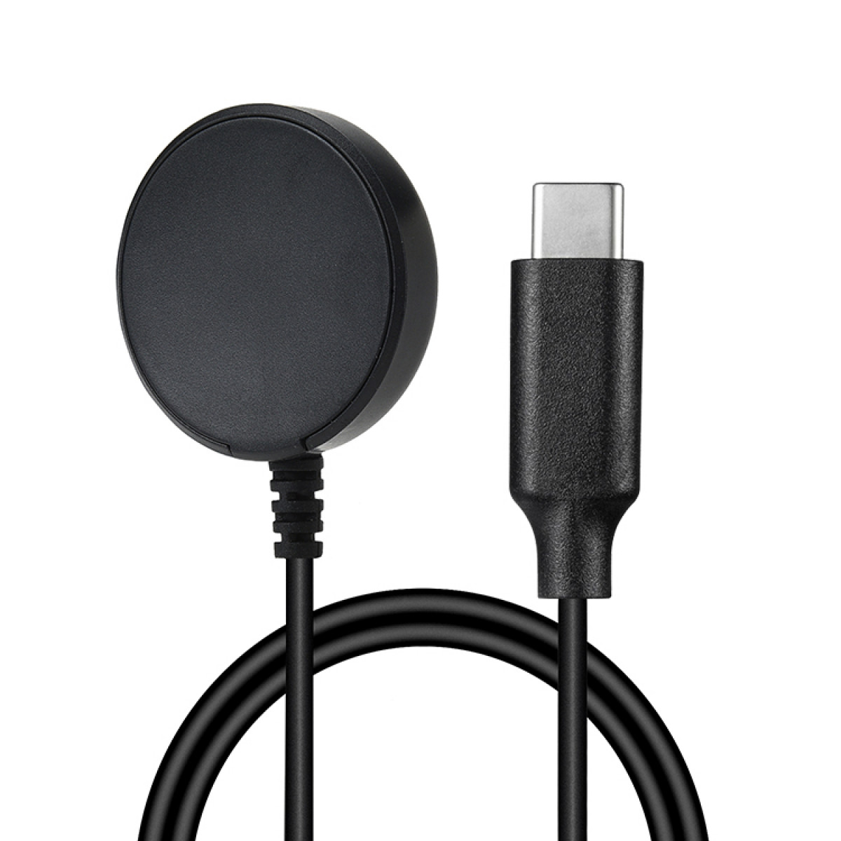 Schwarzes Ladepad mit angeschlossenem USB-C-Kabel, weißer Hintergrund.