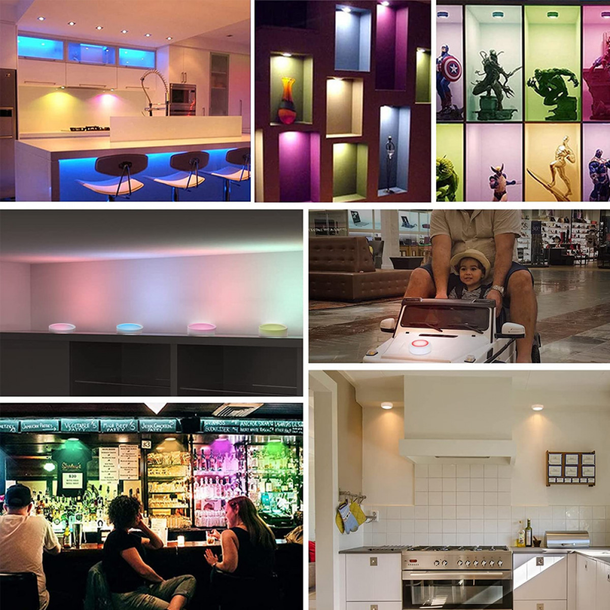 Een collage van afbeeldingen met verlichting, waaronder een keuken, muren en een bar, allemaal met gekleurde lichten.