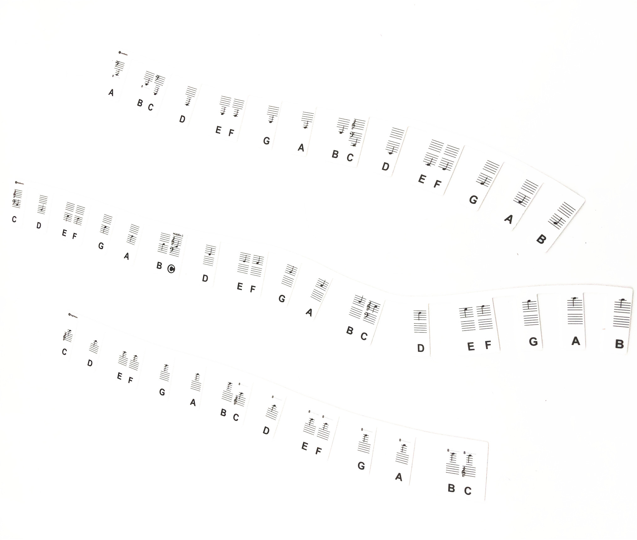 Hojas de notas musicales. Las notas se colocan en las líneas y se etiquetan con letras.