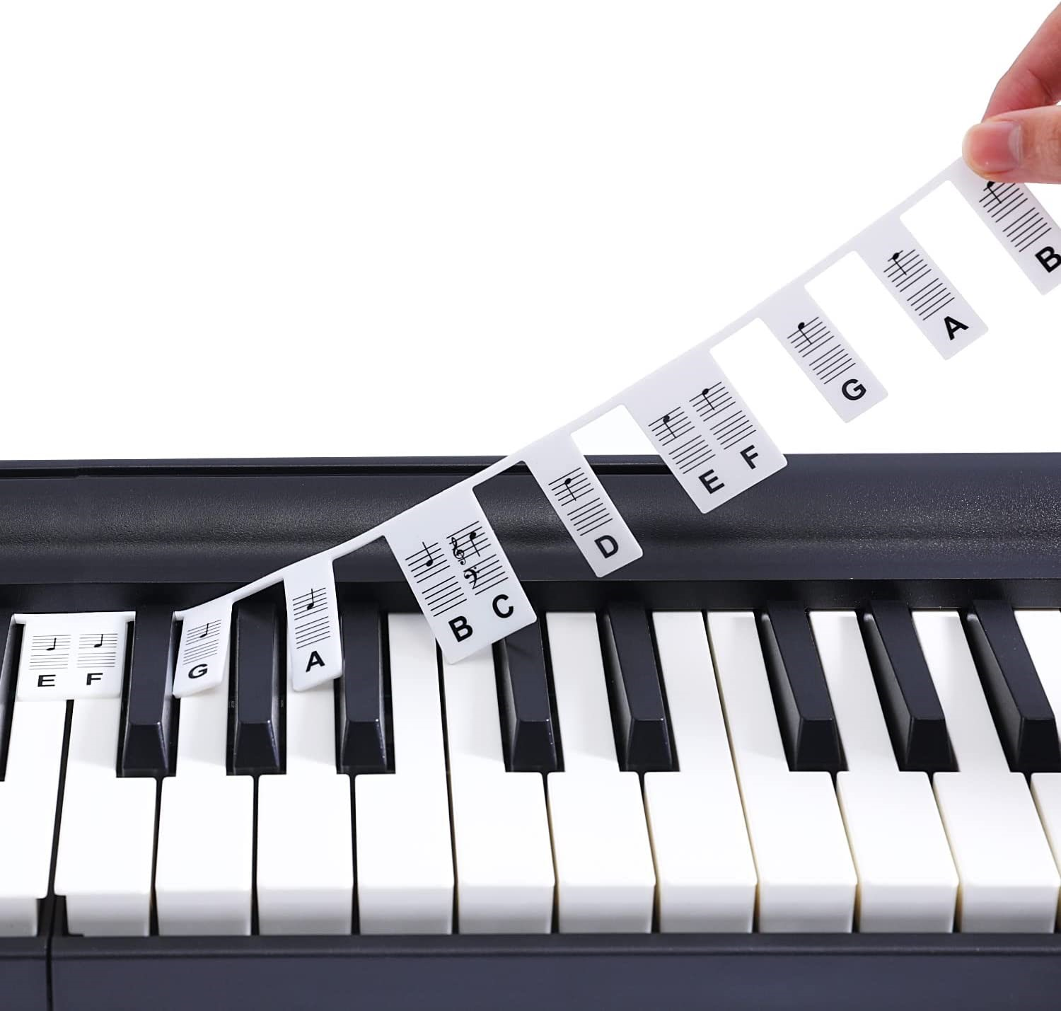 Teclas de piano con pegatinas de notas musicales aplicadas, que muestran las notas etiquetadas en las teclas para aprender.