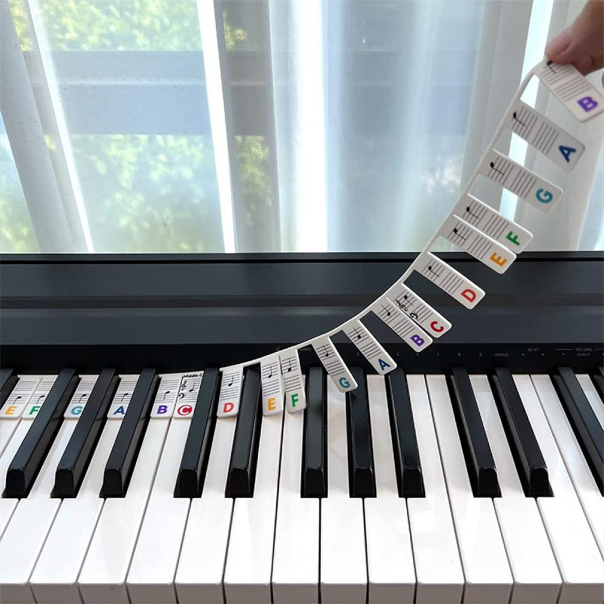 Teclas de piano con etiquetas coloridas, una línea curva de las mismas etiquetas y una ventana al fondo.