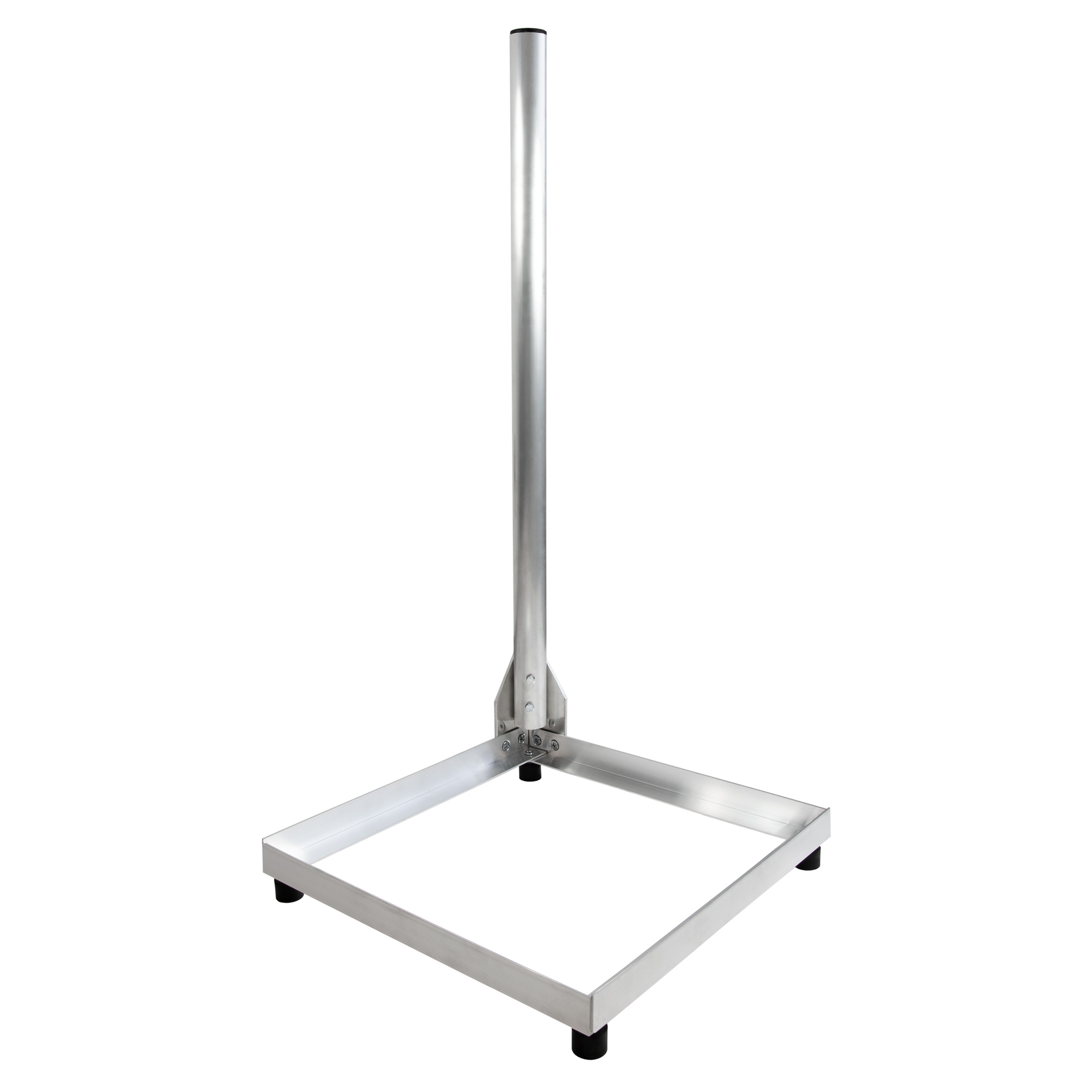 Ein silberner Metallständer mit quadratischer Basis und vertikaler Stange.