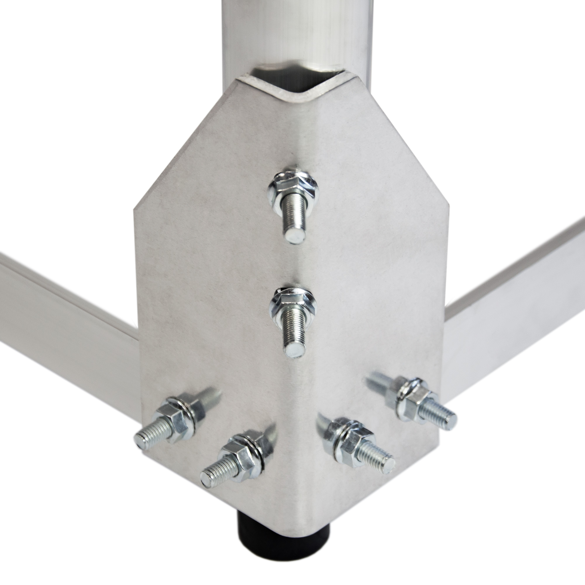 Nahaufnahme einer Metallhalterung mit Schrauben. Die Halterung ist silber.