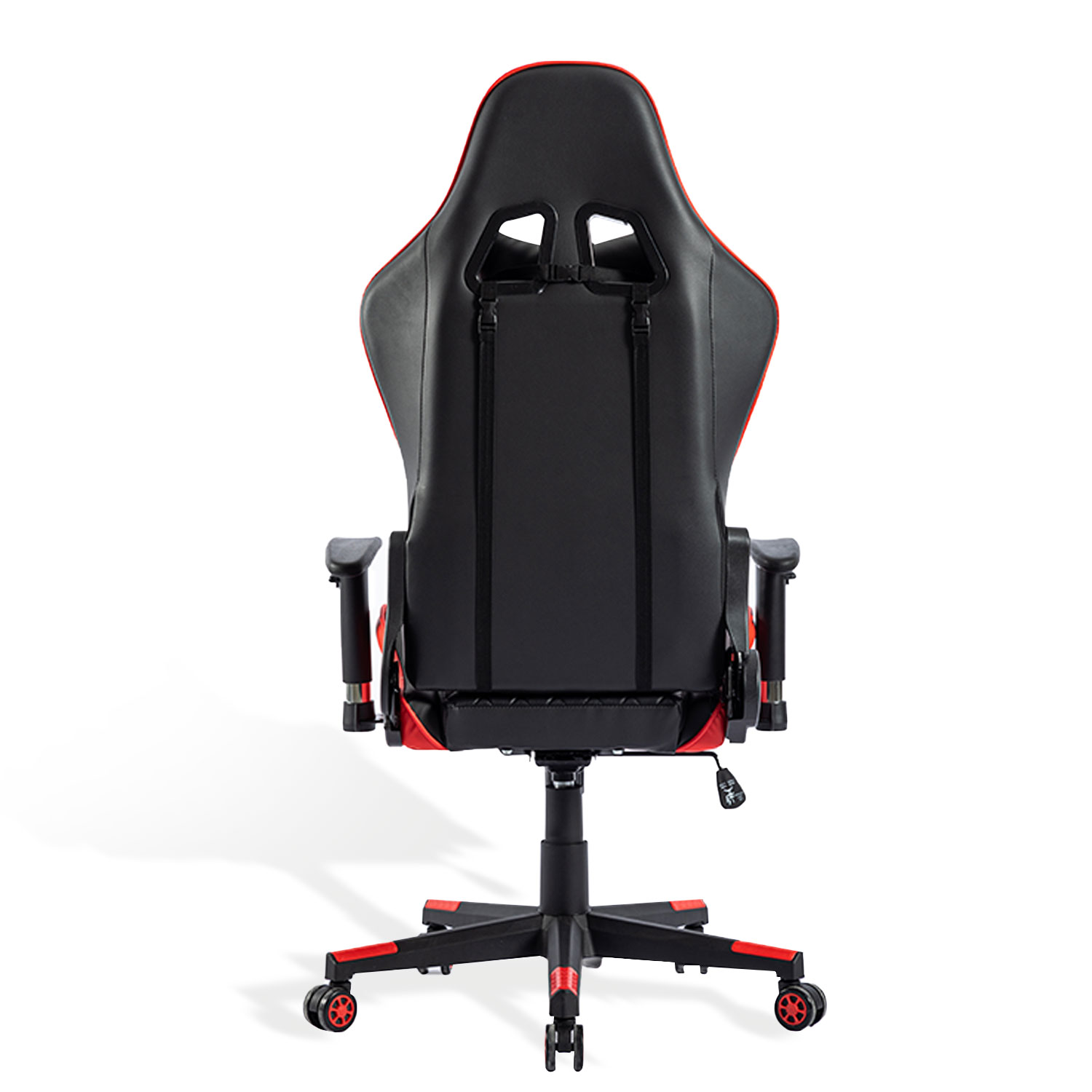 Vista trasera de una silla gaming negra y roja con base negra y ruedas rojas.