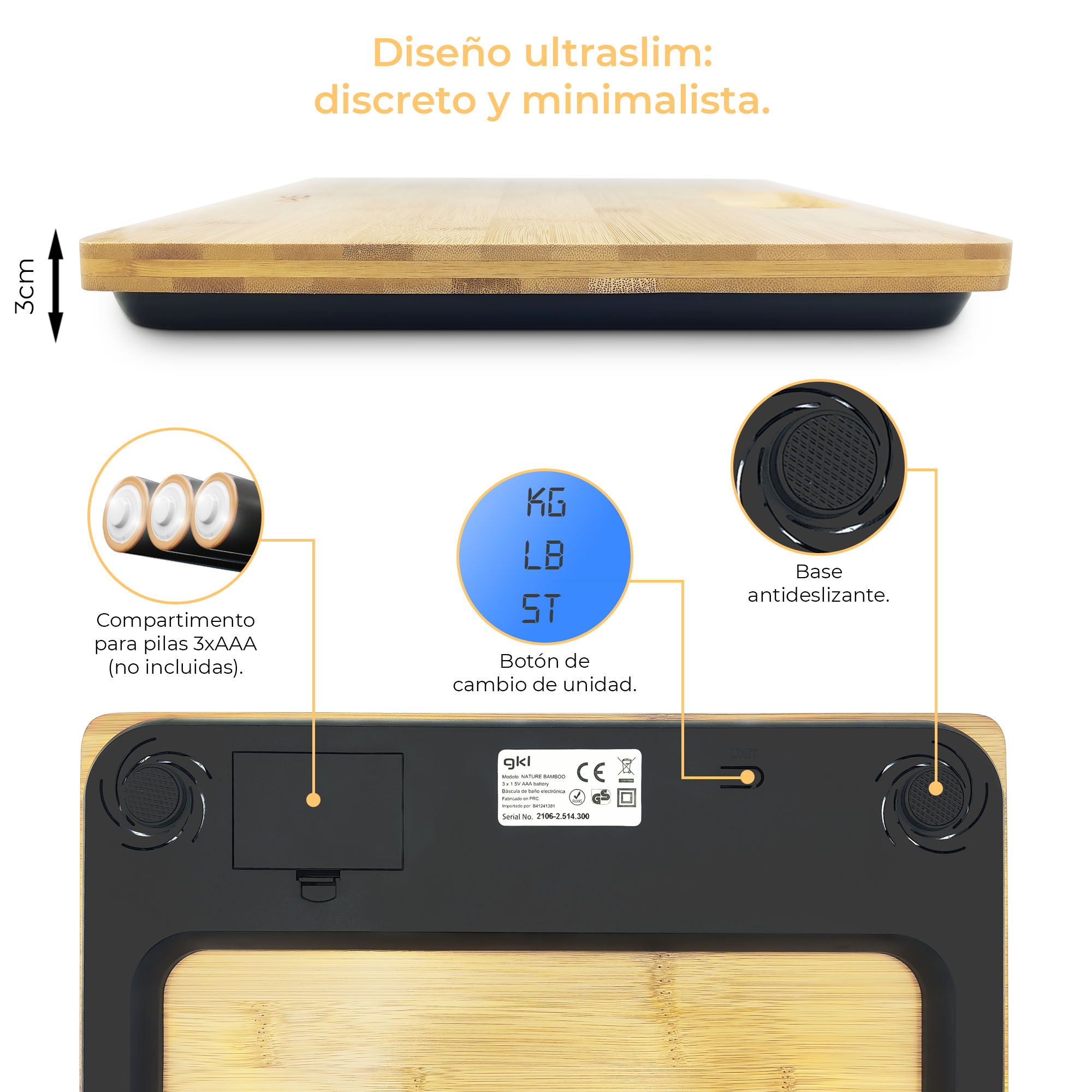 Báscula de baño digital. Es de estilo bambú con una pantalla que muestra el peso en KG, LB, ST.