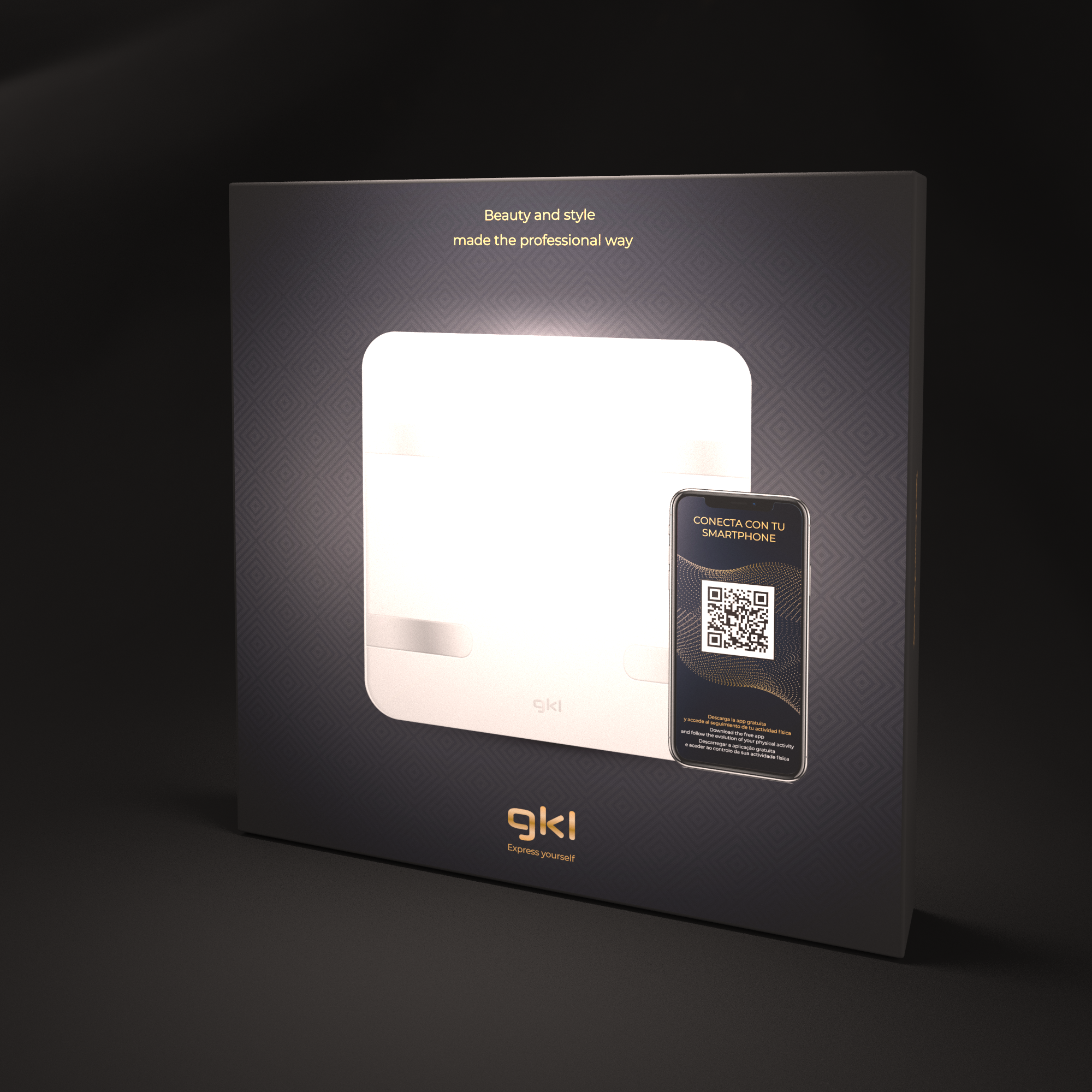 Una caja con una báscula blanca, un código QR y texto sobre belleza y estilo.