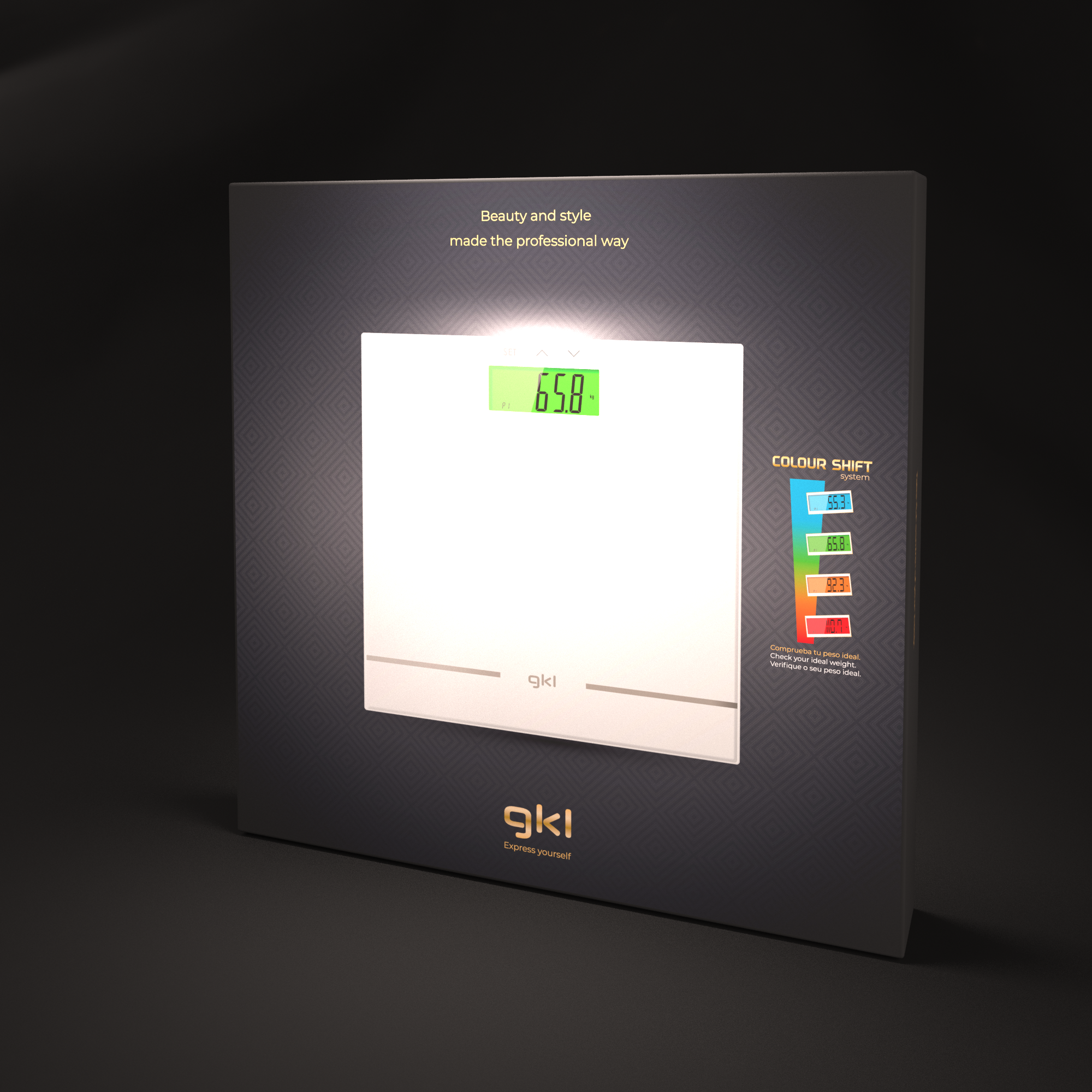 Báscula digital con pantalla verde en caja. La caja muestra peso y opciones de cambio de color.