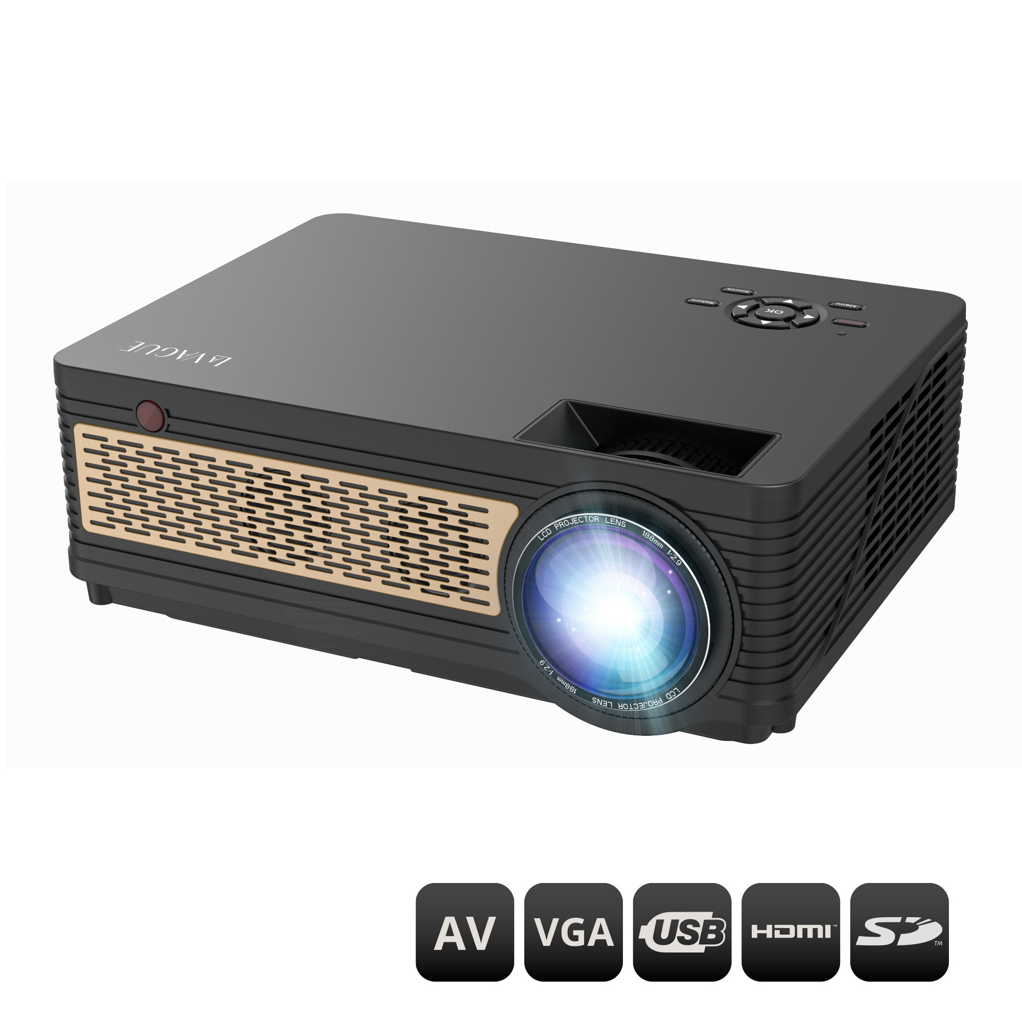Un projecteur noir avec une grille dorée, des ports AV, VGA, USB, HDMI et SD, sur un fond blanc.