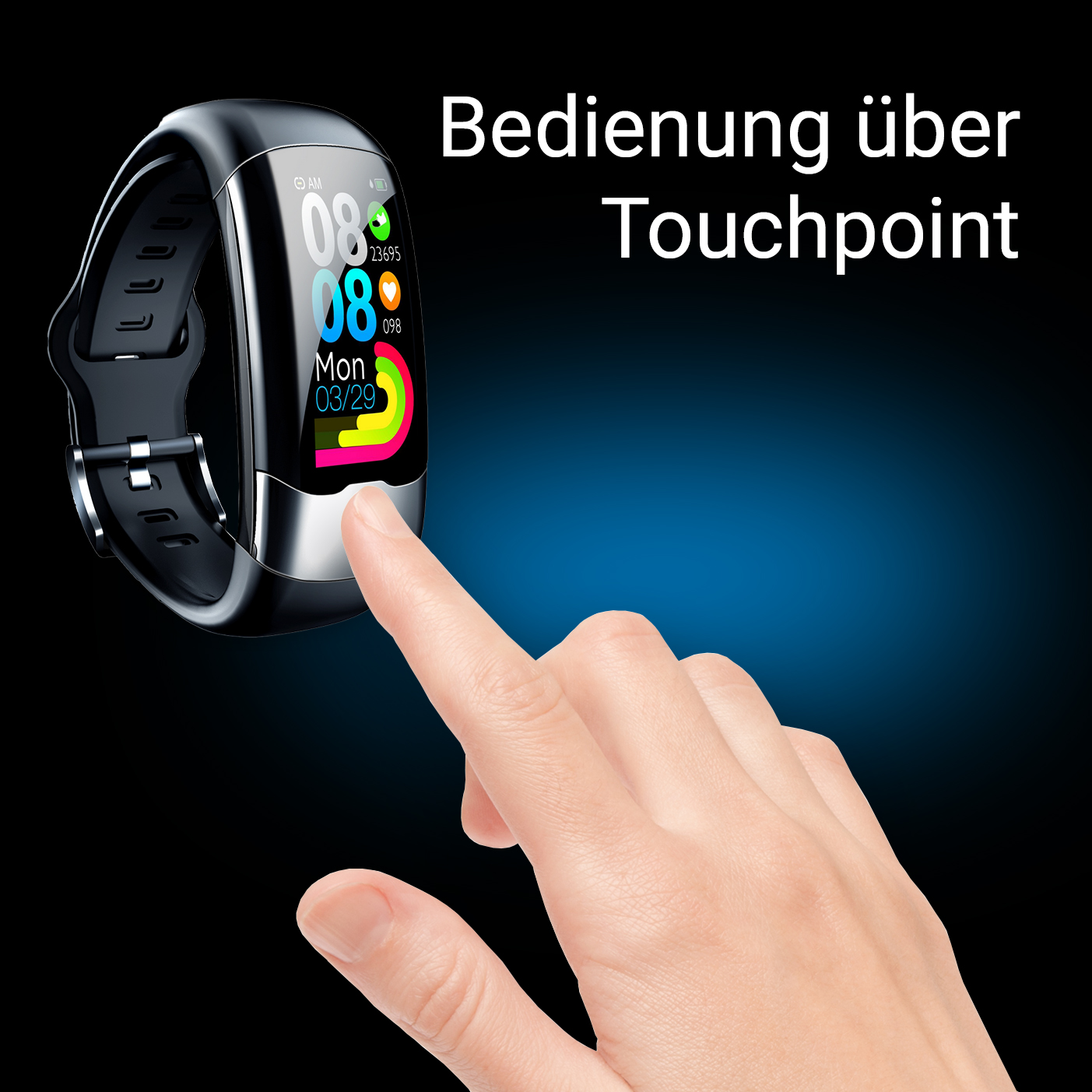 Ein Finger berührt ein Smartwatch-Display mit Uhrzeit, Datum und Herzfrequenz.