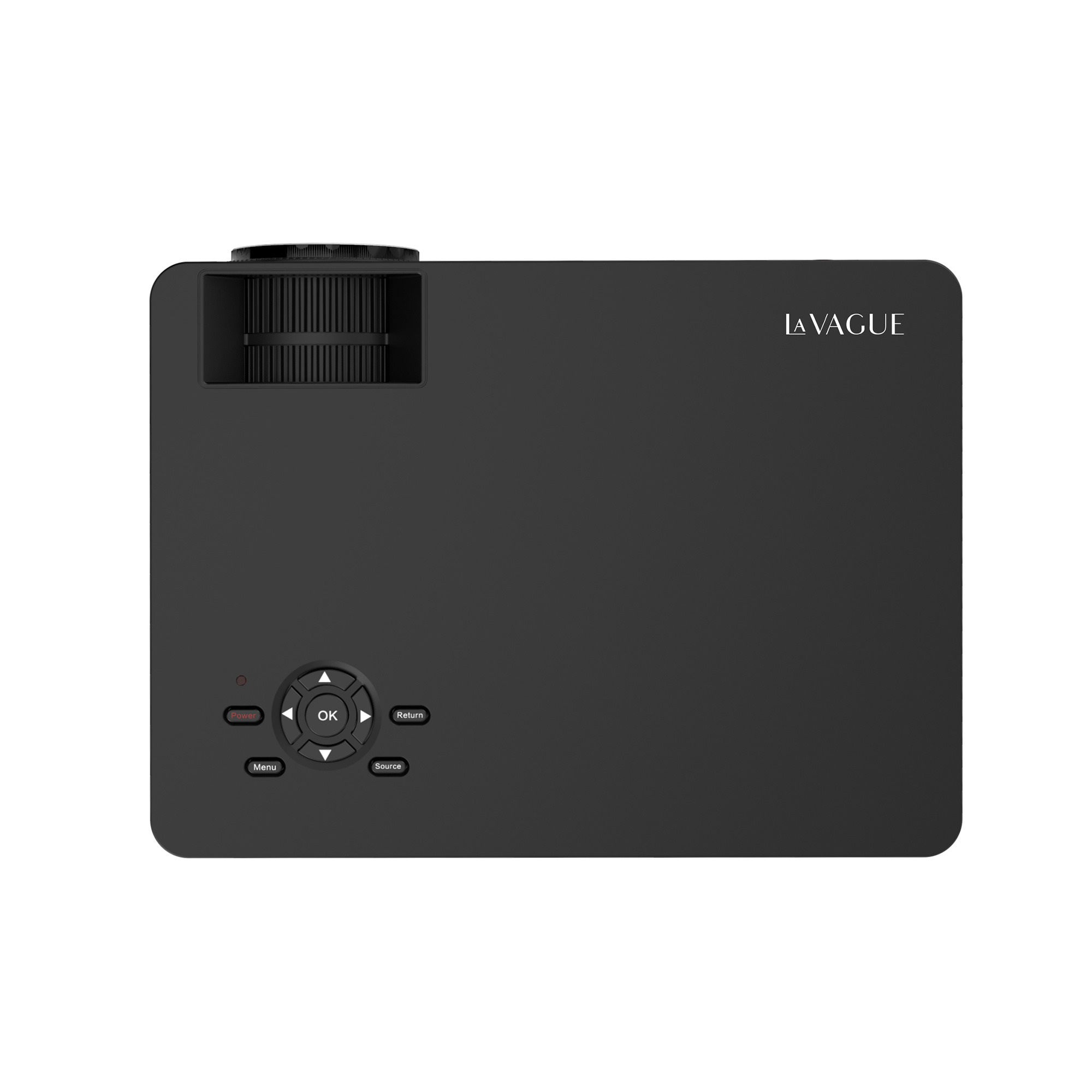 Un projecteur noir avec des boutons de commande et le nom 'LAVAGUE' écrit. Fond blanc.
