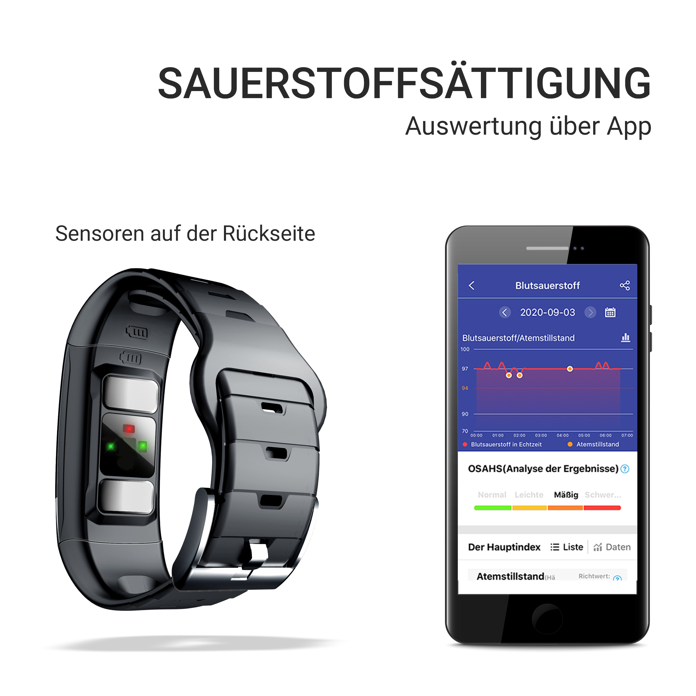 Ein schwarzes Wearable und ein Smartphone zeigen Blutsauerstoffdaten an.