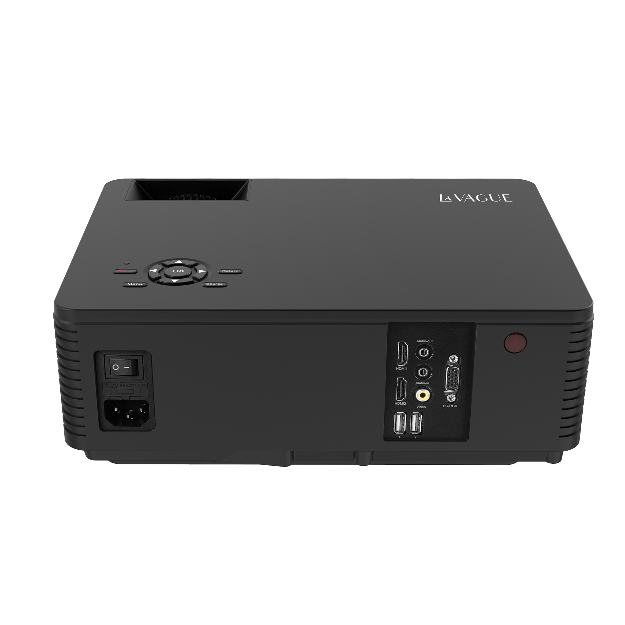 Projecteur noir avec plusieurs ports et un bouton d'alimentation. La marque est Lavague.