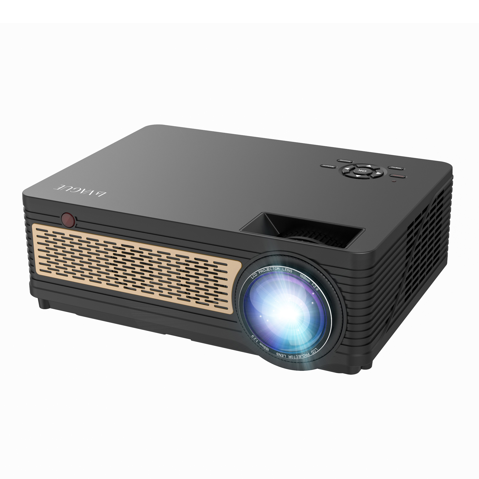 Projecteur noir avec des accents dorés, émettant une lumière bleu vif.