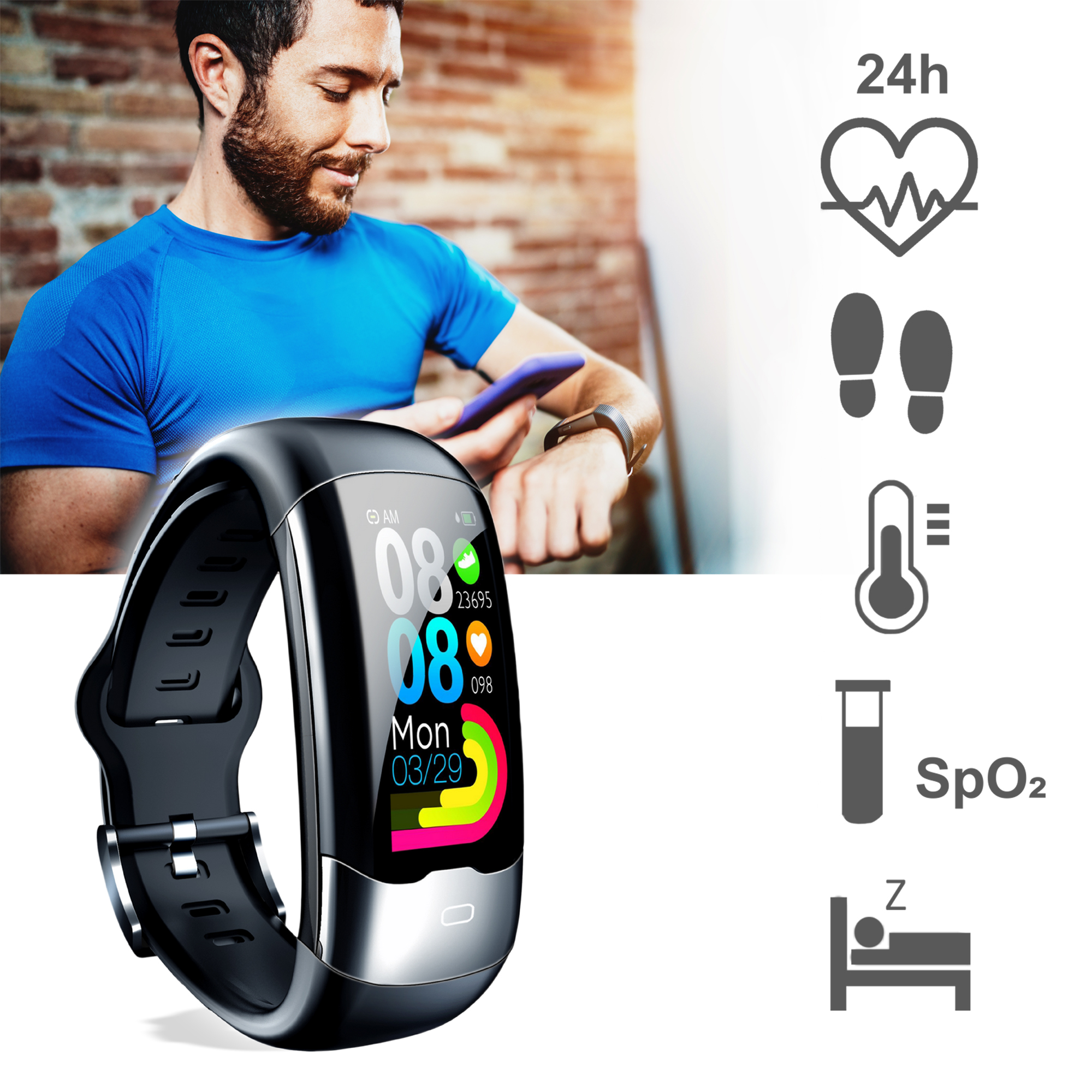 Ein Mann in einem blauen Hemd benutzt ein Smartphone, daneben eine Smartwatch mit Symbolen.