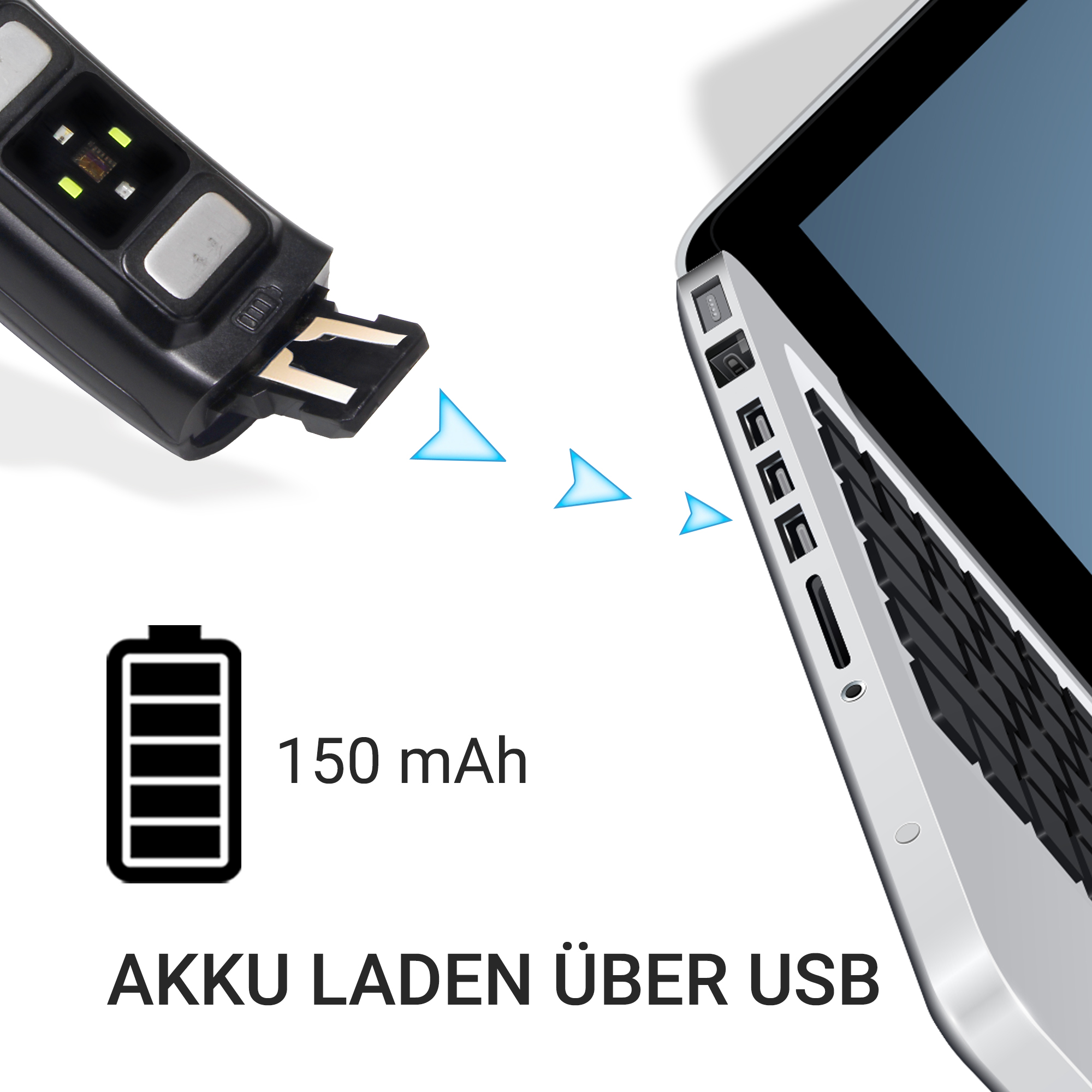 Ein schwarzes USB-Gerät wird an einen Laptop angeschlossen, 150 mAh Akku.