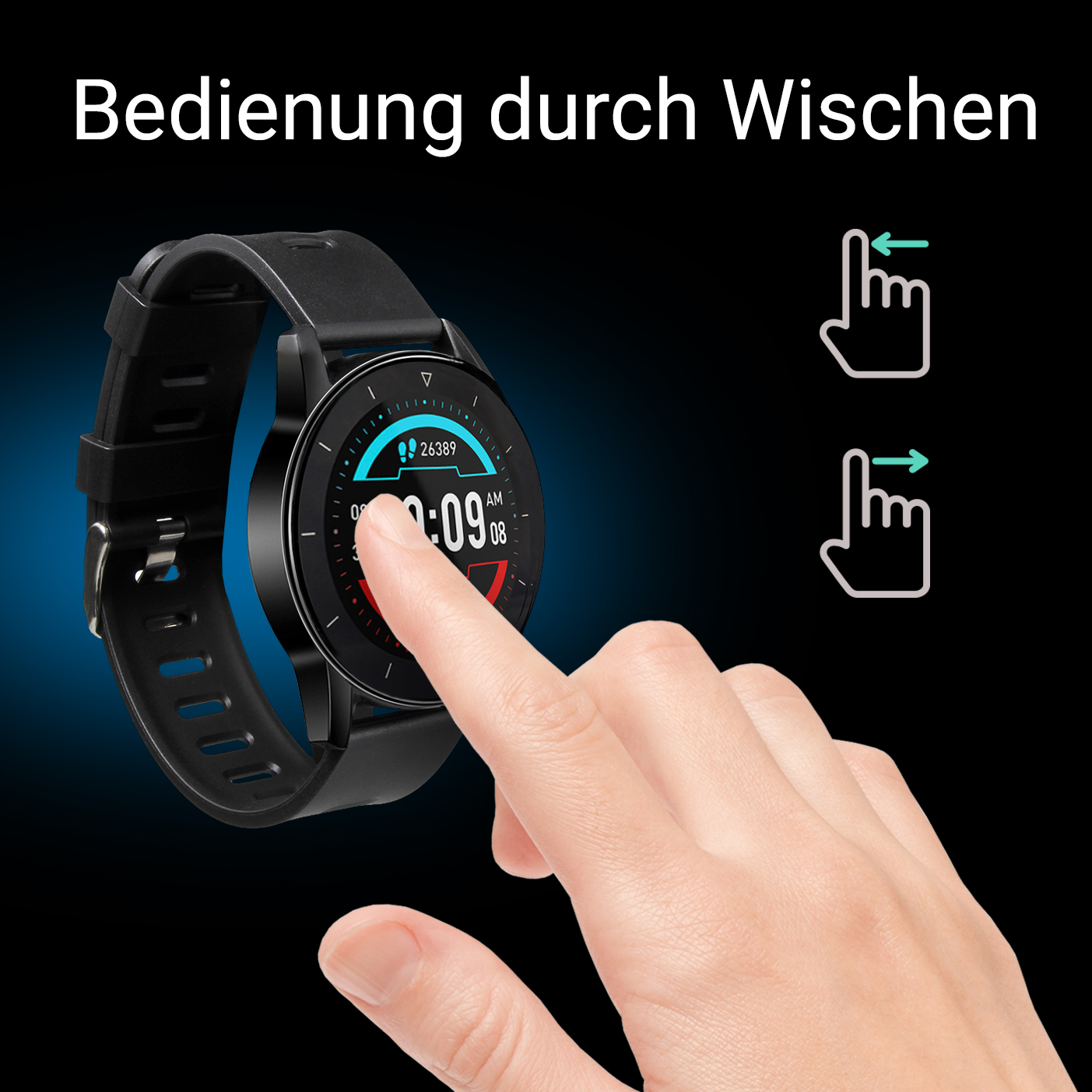 Eine Hand bedient eine Smartwatch, die Schritte und Uhrzeit anzeigt.
