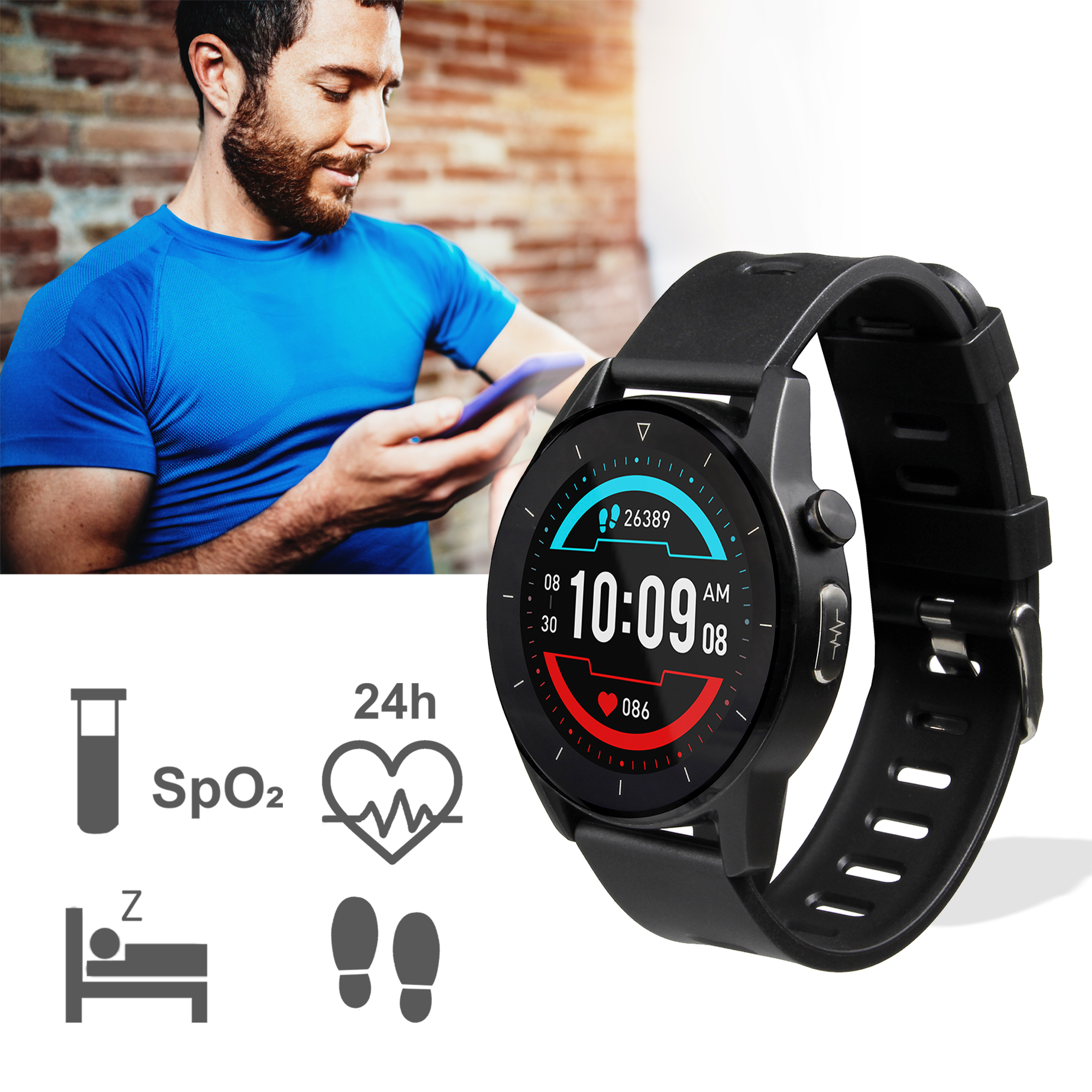 Mann im blauen Hemd prüft Handy neben Smartwatch mit Zeit, Schritten, Herzfrequenz.
