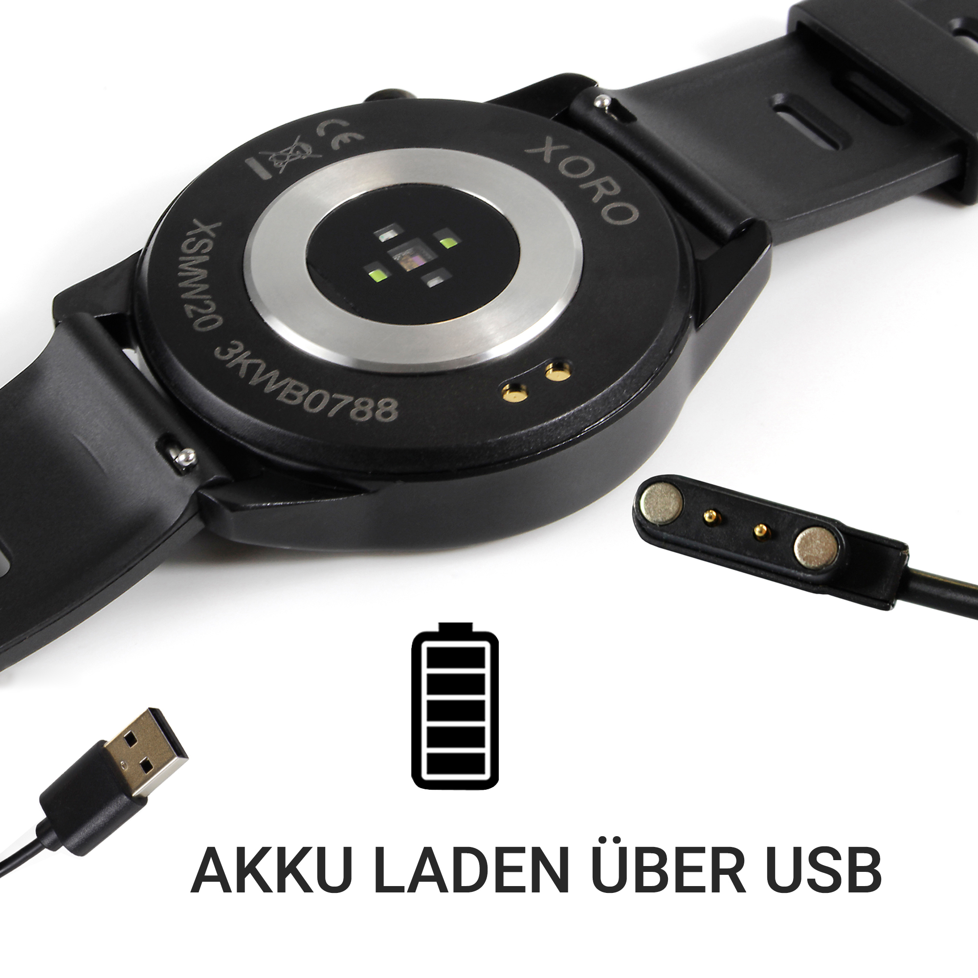 Nahaufnahme des Ladekabels und der Rückseite einer Smartwatch