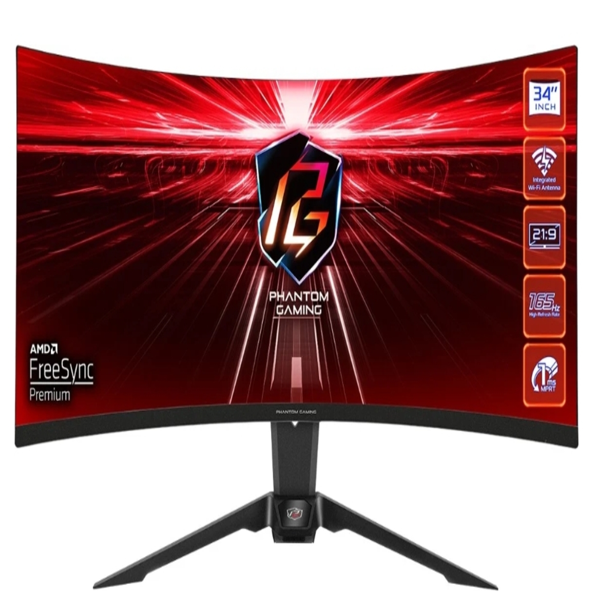 Monitor curvo per computer con sfondo rosso e logo del marchio di gioco.