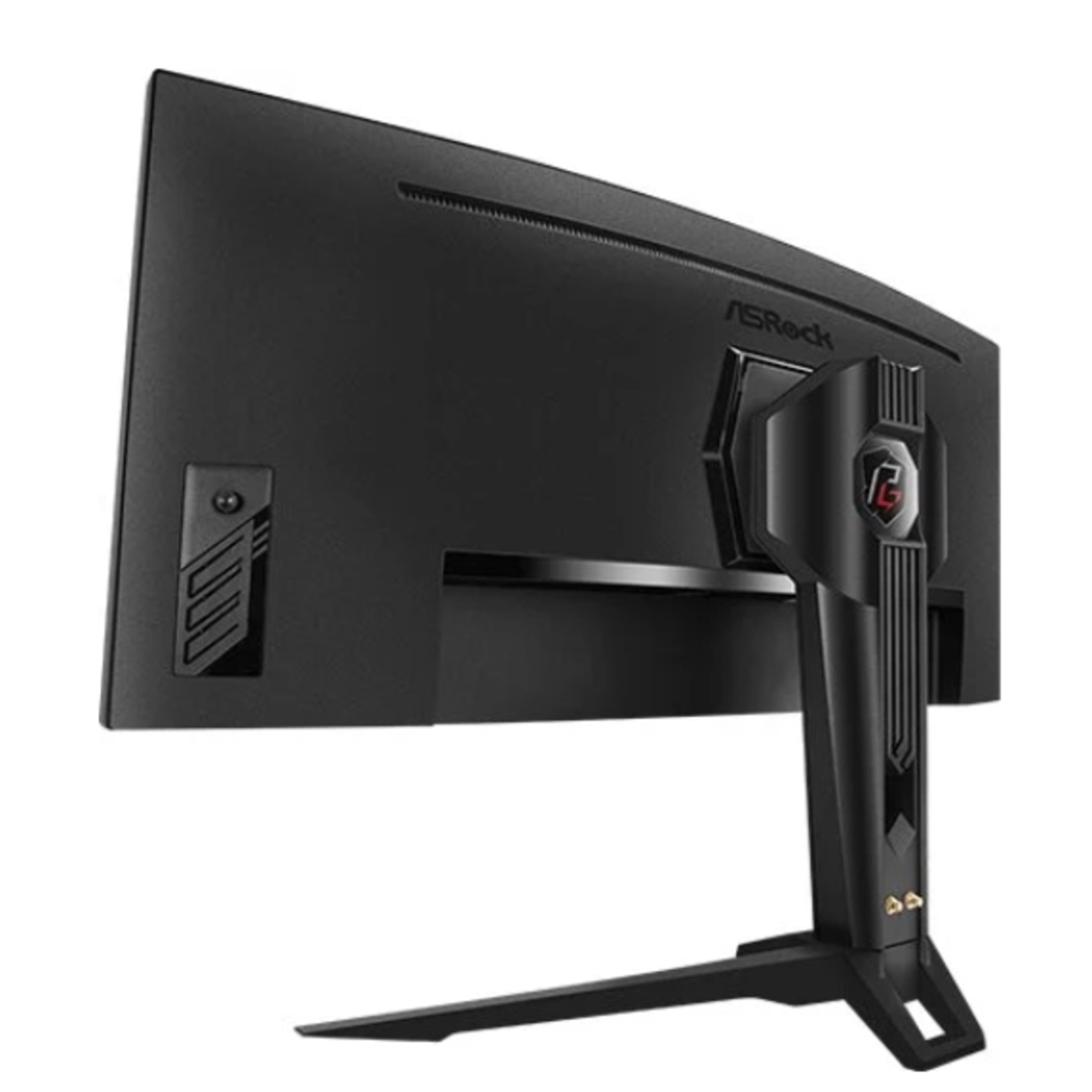 Vista posteriore di un monitor per computer nero curvo con supporto. Il marchio ASRock è visibile.