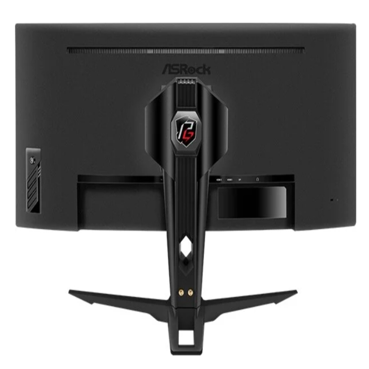 Retro di un monitor per computer nero con supporto e porte visibili.