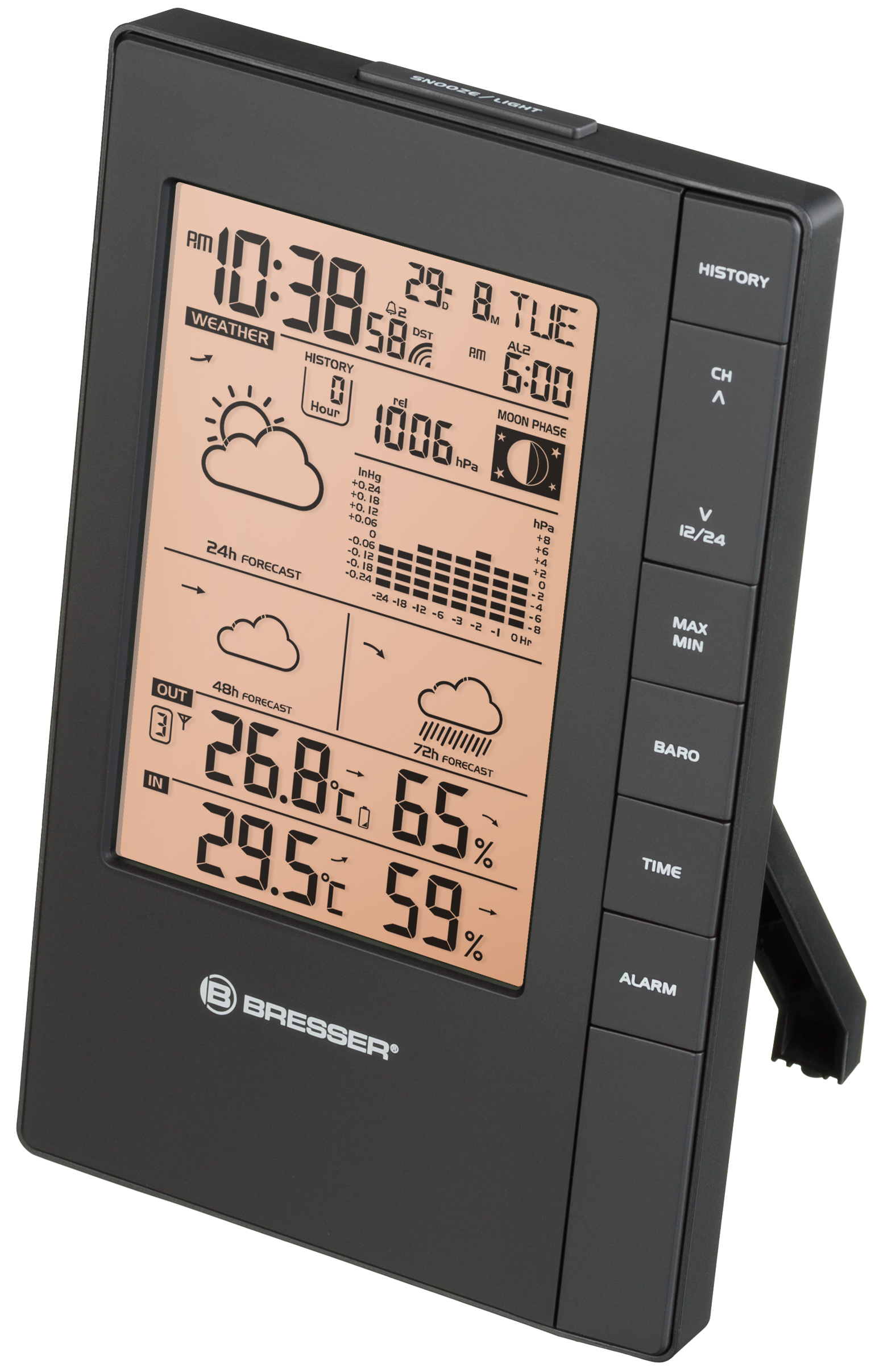 Schwarze Wetterstation mit Farbbildschirm, zeigt Wetterinformationen.