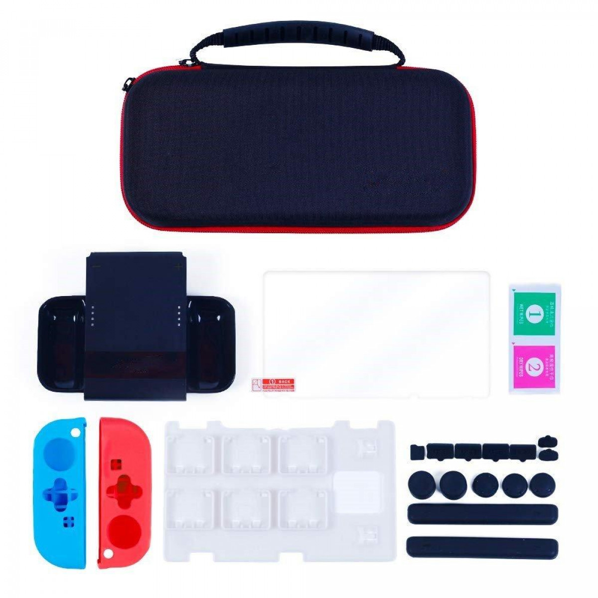 Eine Nintendo Switch-Hülle mit einem rot/blauen Controller, Displayschutz und Zubehör.