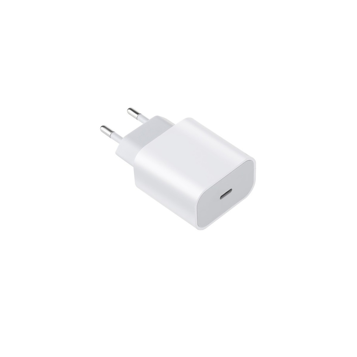 Ein weißes USB-Ladegerät mit zwei Stiften, einem Ladeanschluss und weißem Hintergrund.