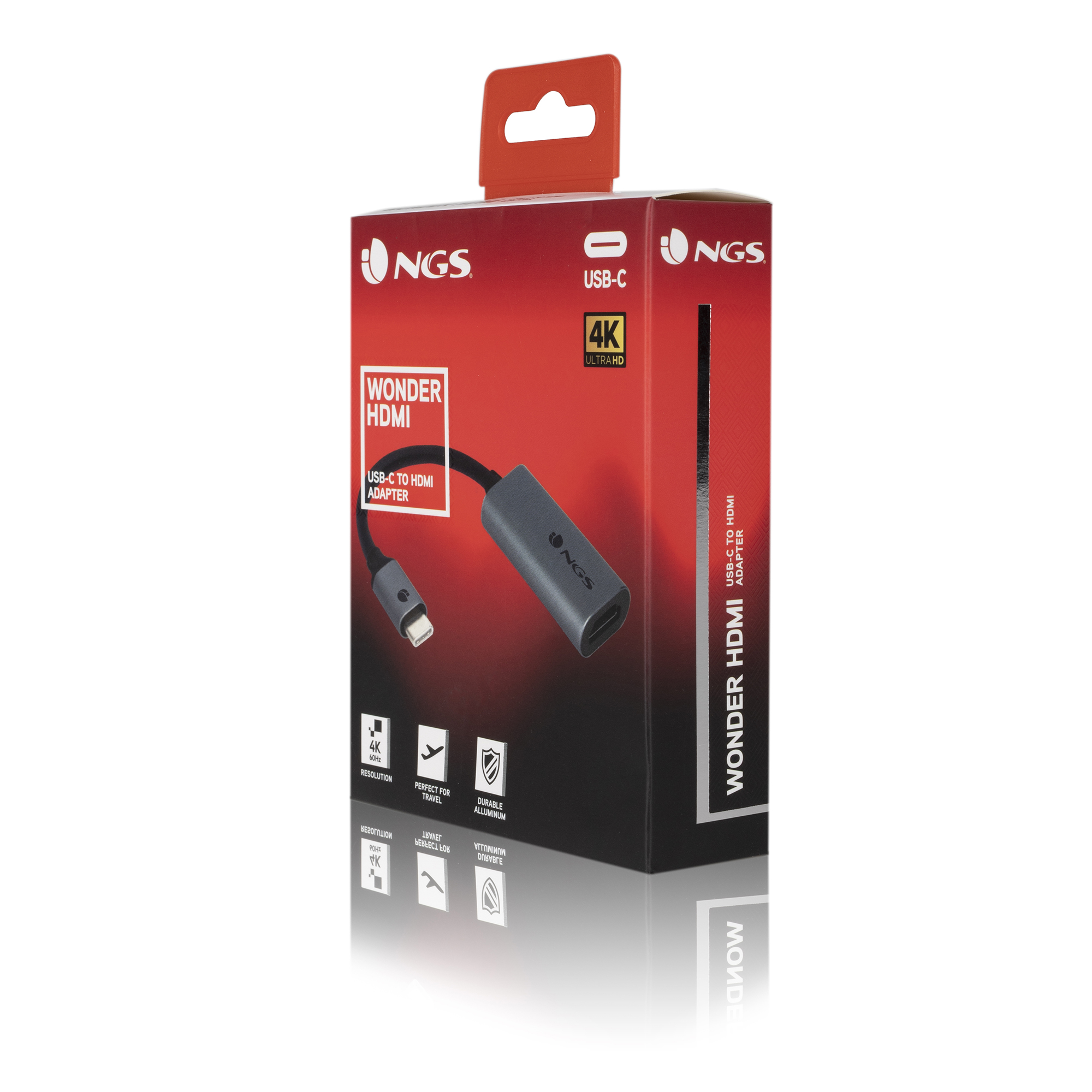 Eine Produktverpackung für einen USB-C-zu-HDMI-Adapter, mit Kabel und Markennamen.