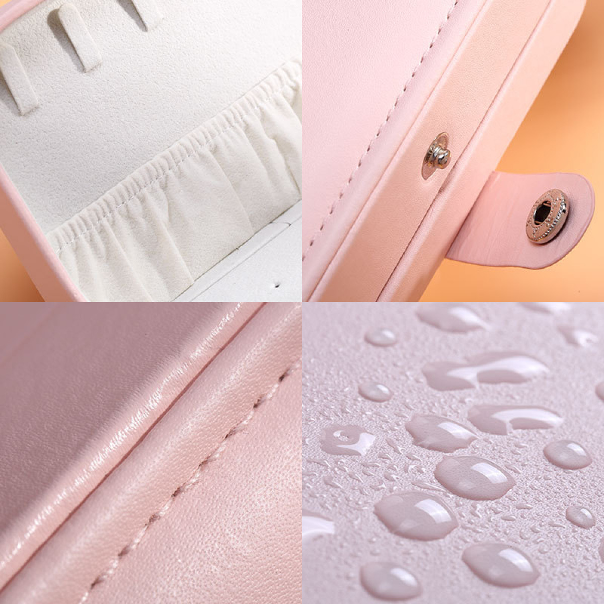 Nahaufnahme einer pinkfarbenen Schmuckschatulle, die Details der Oberfläche, Nähte und Wassertropfen zeigt.