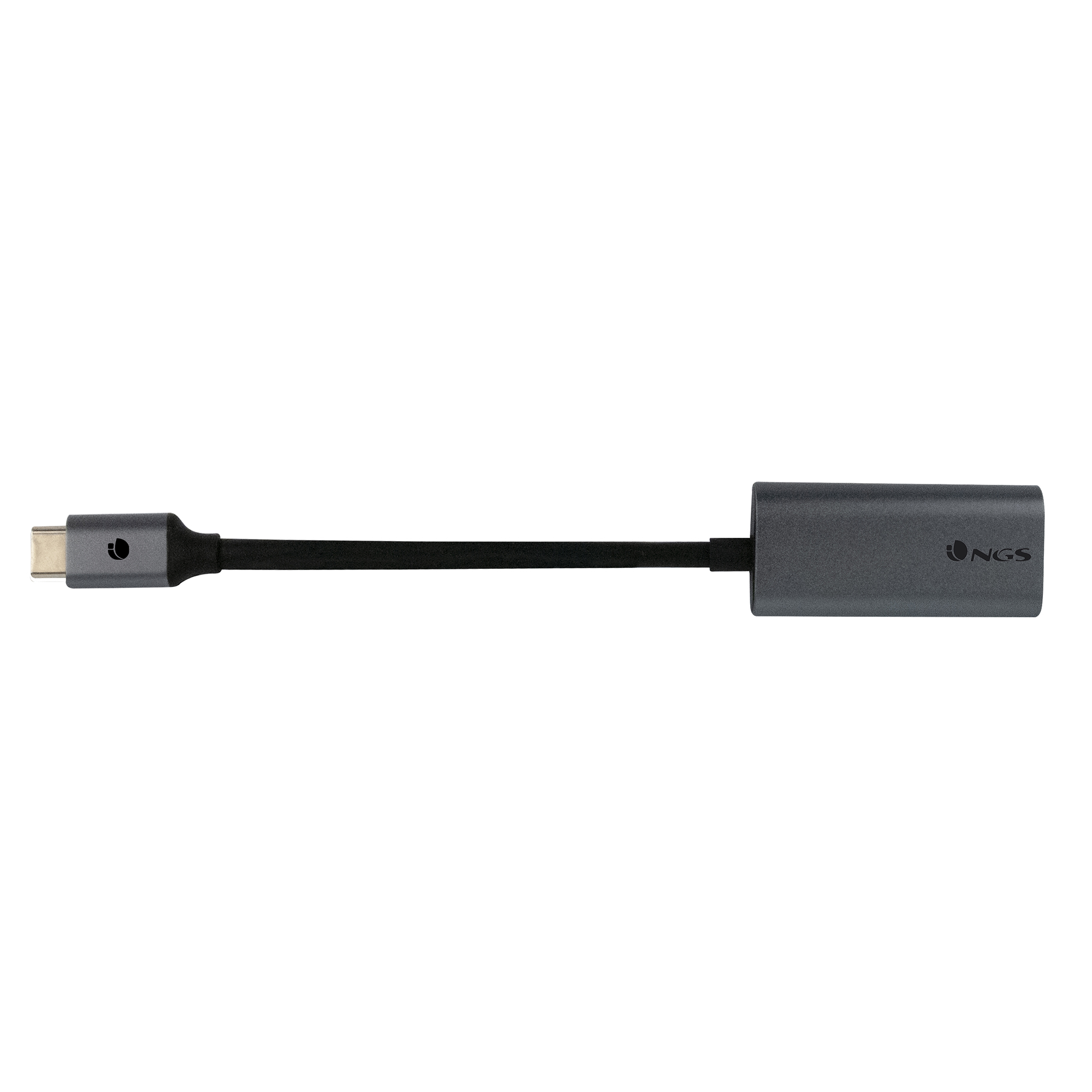 Un adaptador gris de USB-C a audio con un conector pequeño.