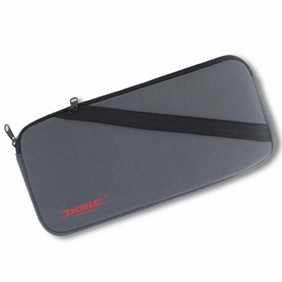 Graue Laptoptasche mit schwarzem Reißverschluss und rotem Logo.