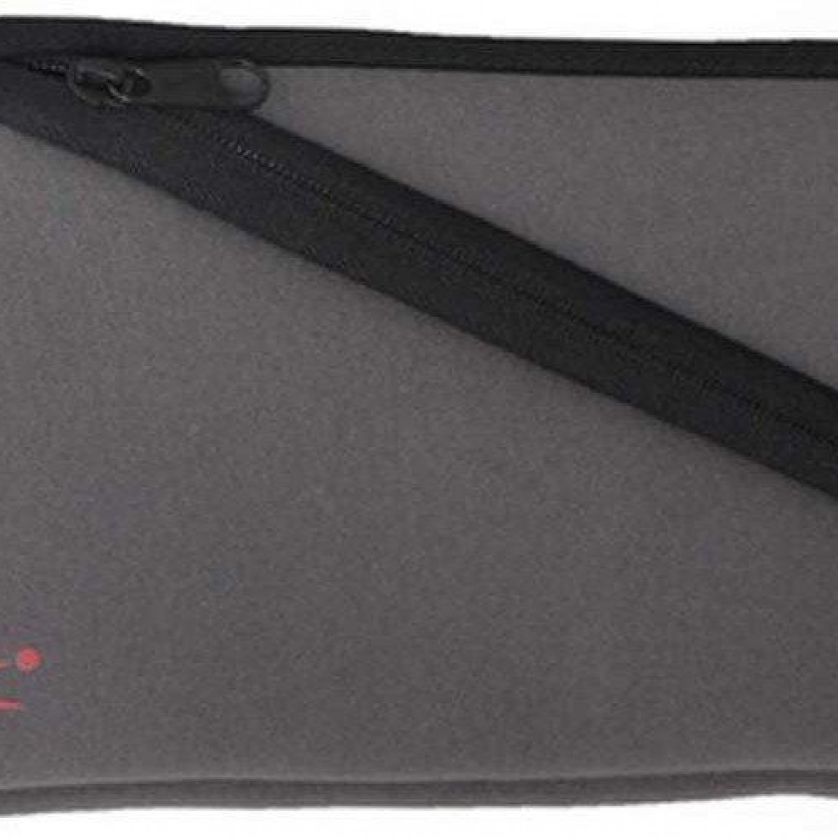 Eine graue Tasche mit einem schwarzen Reißverschluss oben.