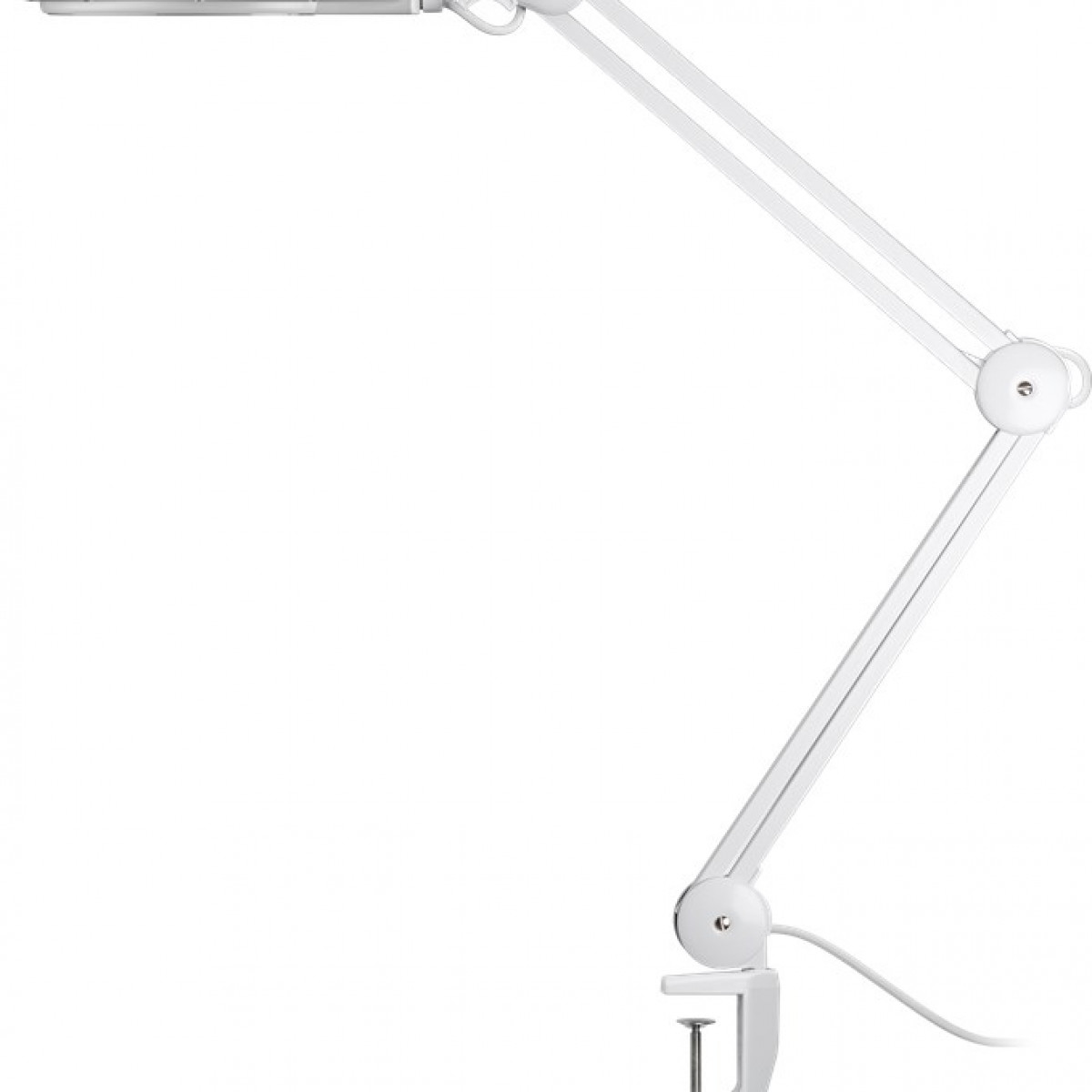 Weiße, bewegliche Schreibtischlampe. Sie ist an einer Oberfläche befestigt.