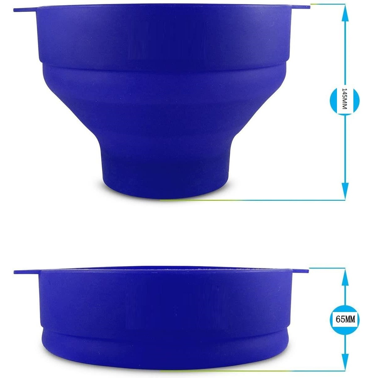 A blue collapsible popcorn maker, shown both collapsed and extended.