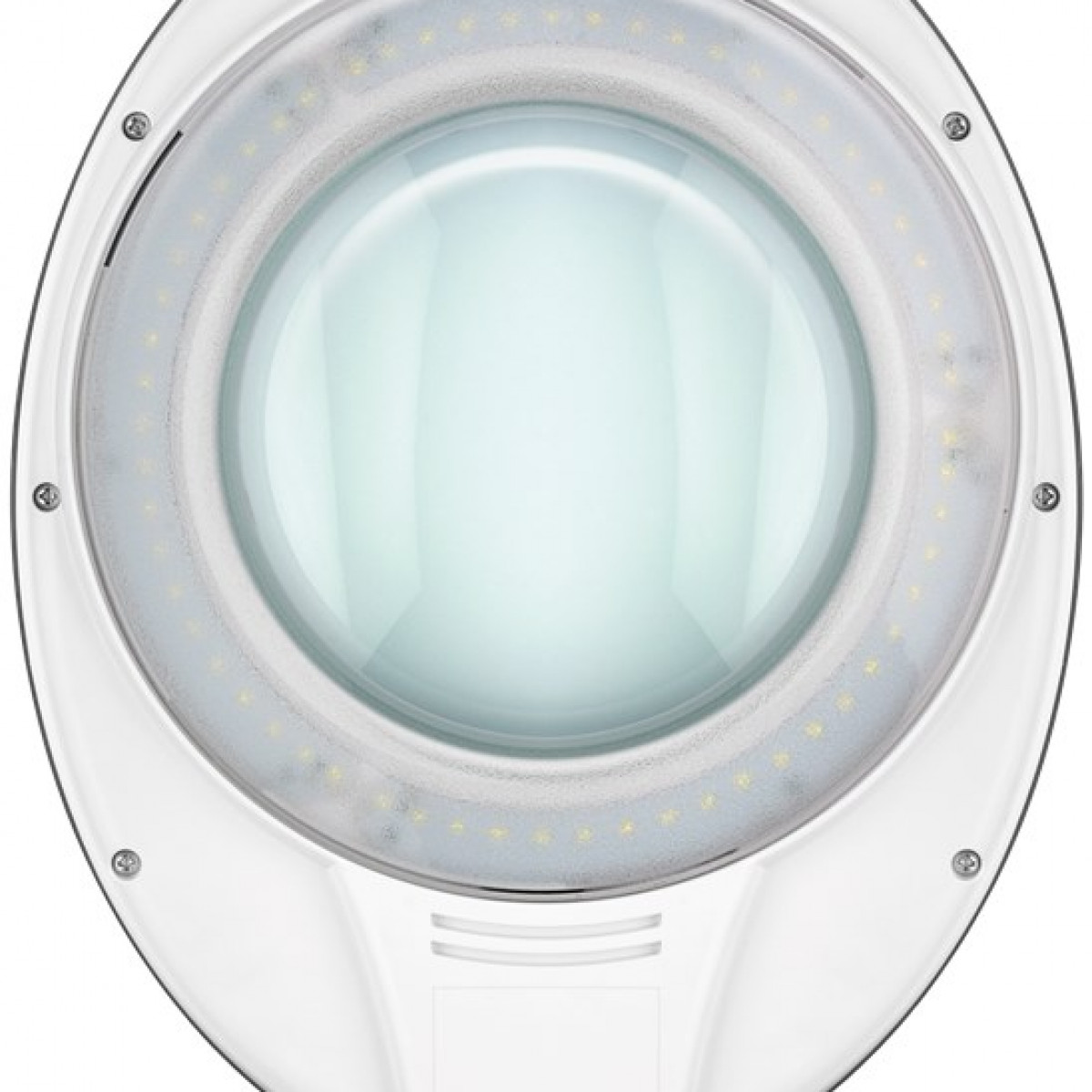 Eine weiße Lupenlampe mit einer großen, kreisförmigen Linse und einem Ring aus LED-Leuchten darum.