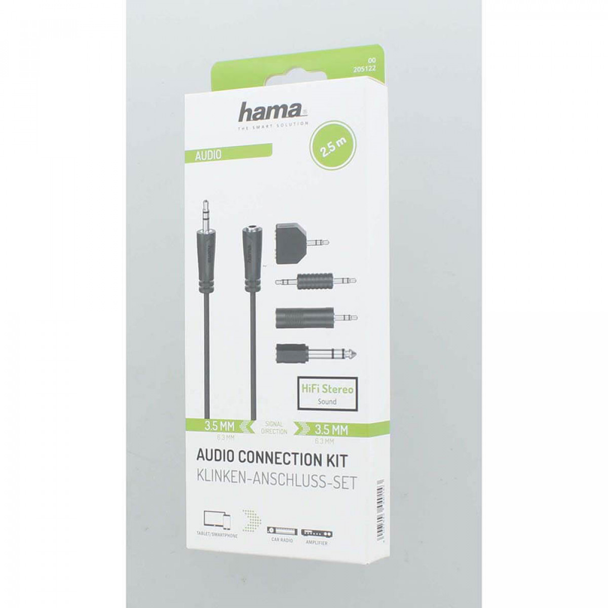 Zestaw połączeniowy audio w pudełku. Ma gniazdo 3,5 mm i etykietę dźwięku stereo HiFi.