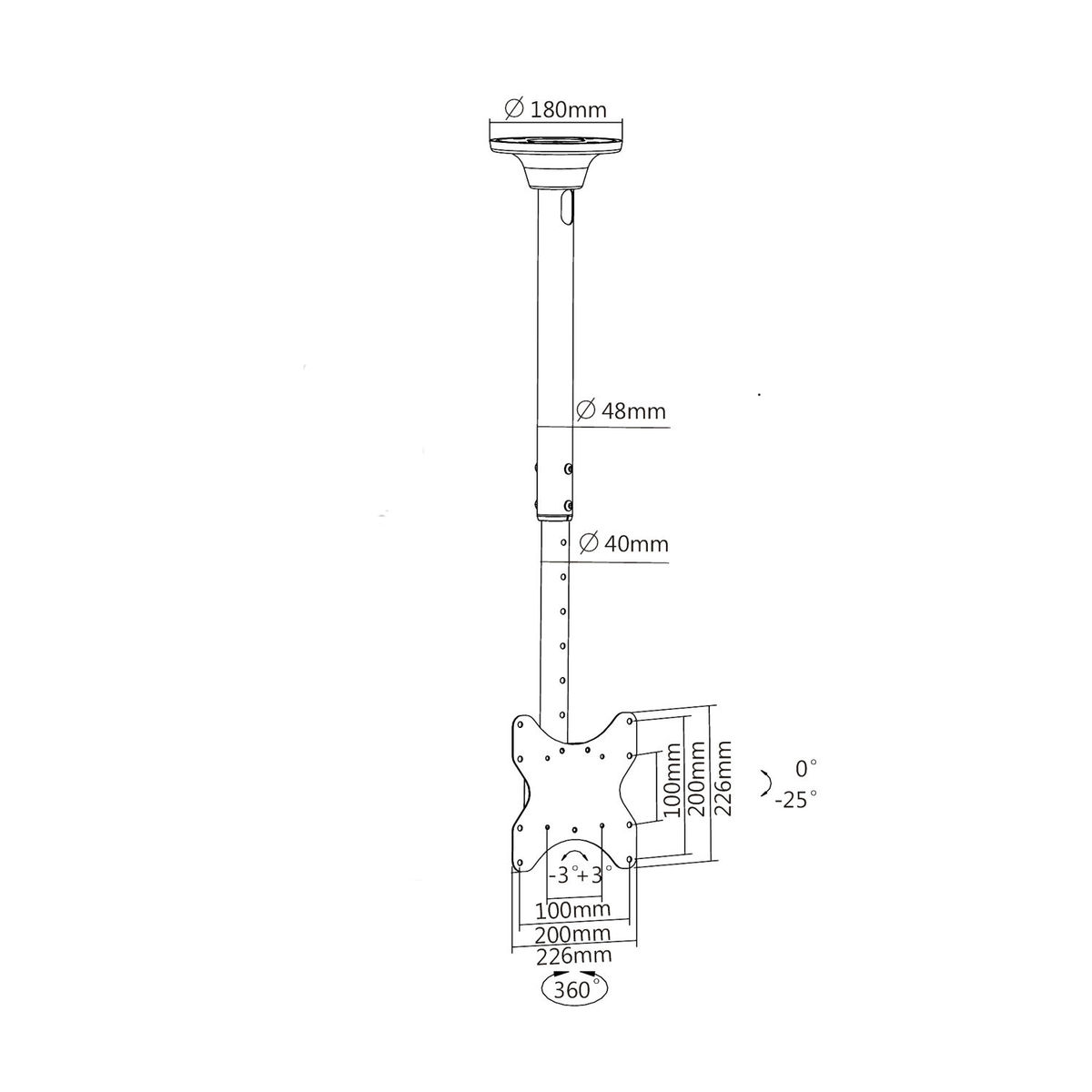 Diagram van een plafondbevestiging met afmetingen en hoeken in mm.