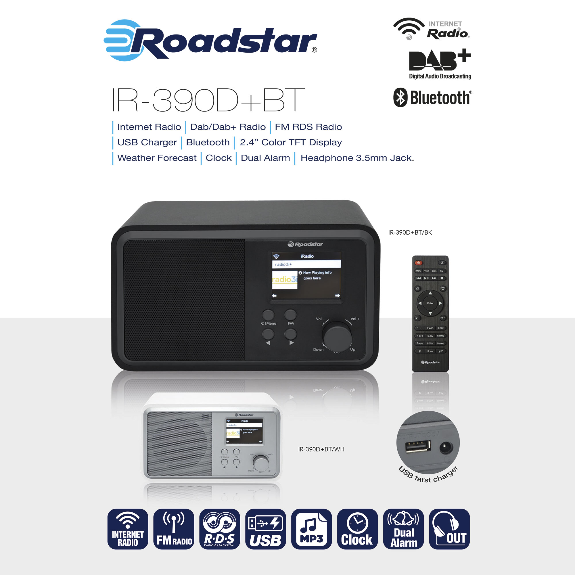 ROADSTAR IR-390D+BT/BK Radio, Schwarz FM