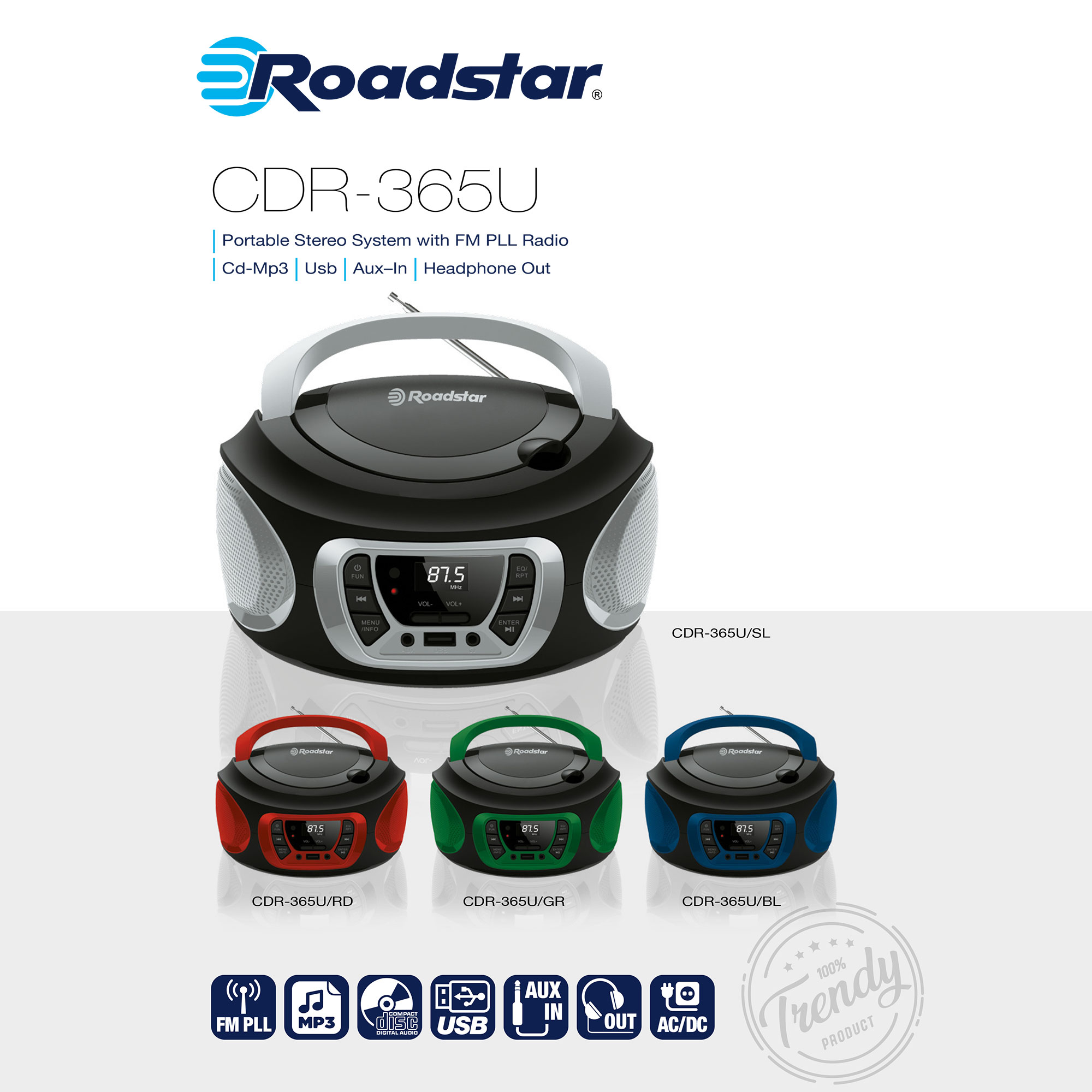Radio Roadstar CDR-365U en negro con tres alternativas de color. Fondo blanco.