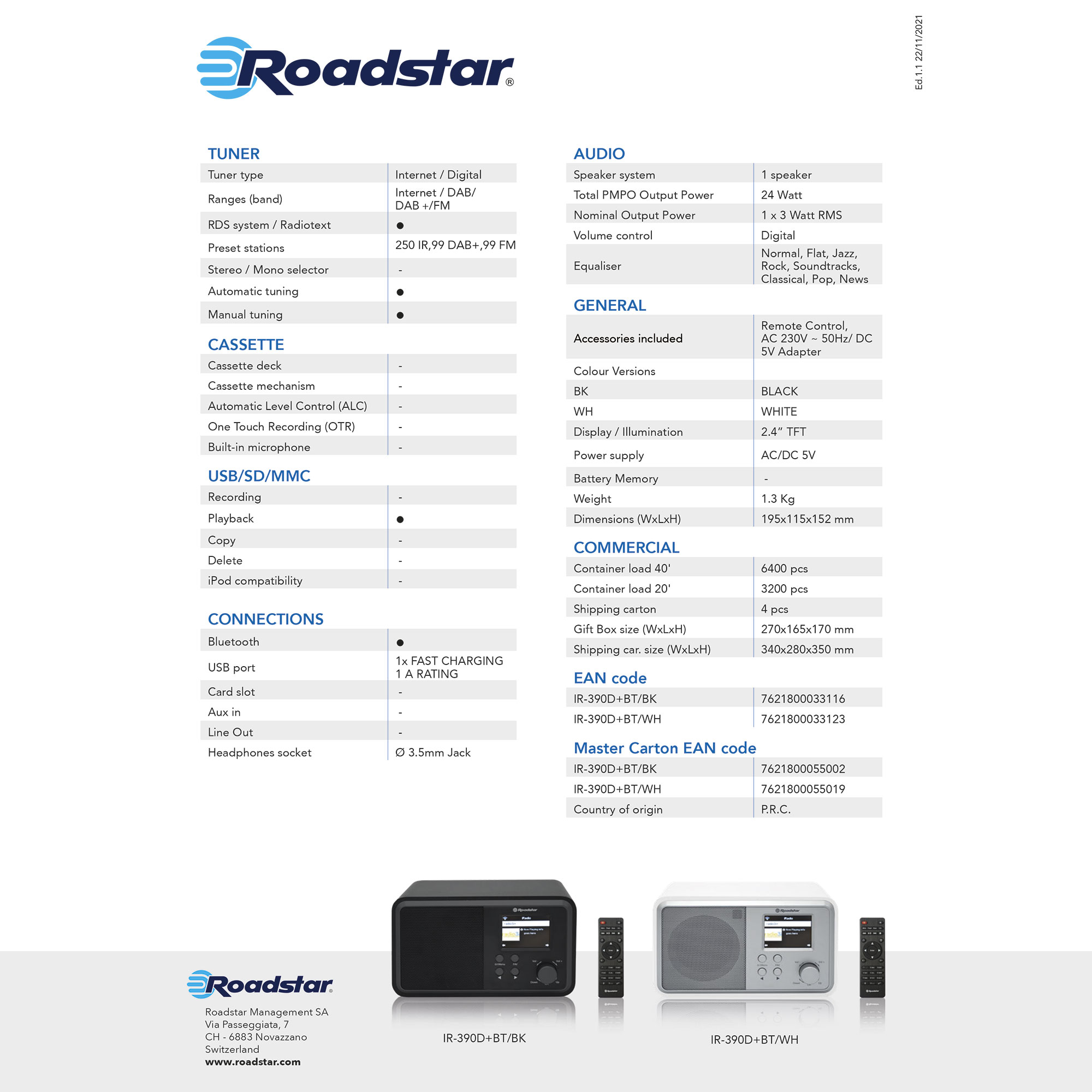 Produktspezifikationen und Bilder eines Radios. Enthält Tuner, Audio und kommerzielle Details. Schwarze und weiße Radios.
