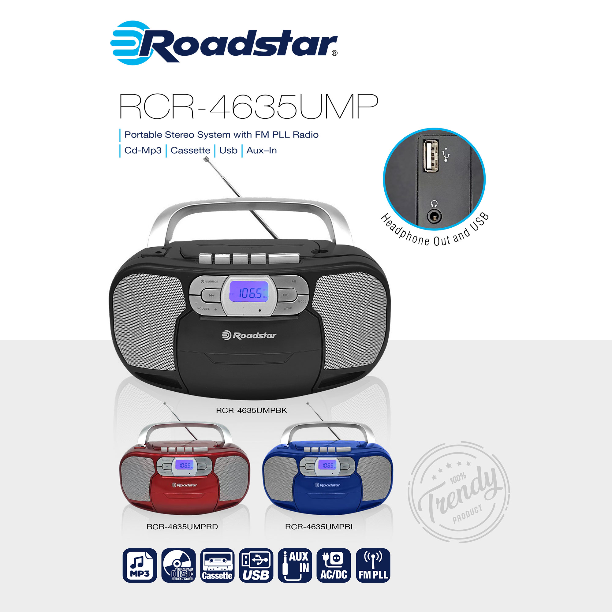 Ein Roadstar-Boombox mit CD-Mp3, Kassette, USB und Aux-in-Optionen. Es hat ein FM-PLL-Radio.